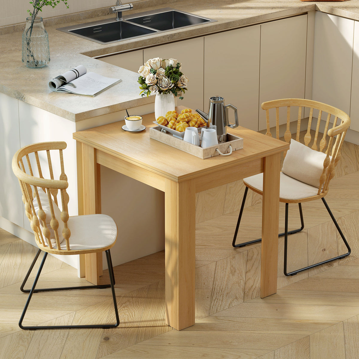 Extendable Table Table for 4-6, Square Folding Dining for Small Spaces, 28"-55" W, Natural