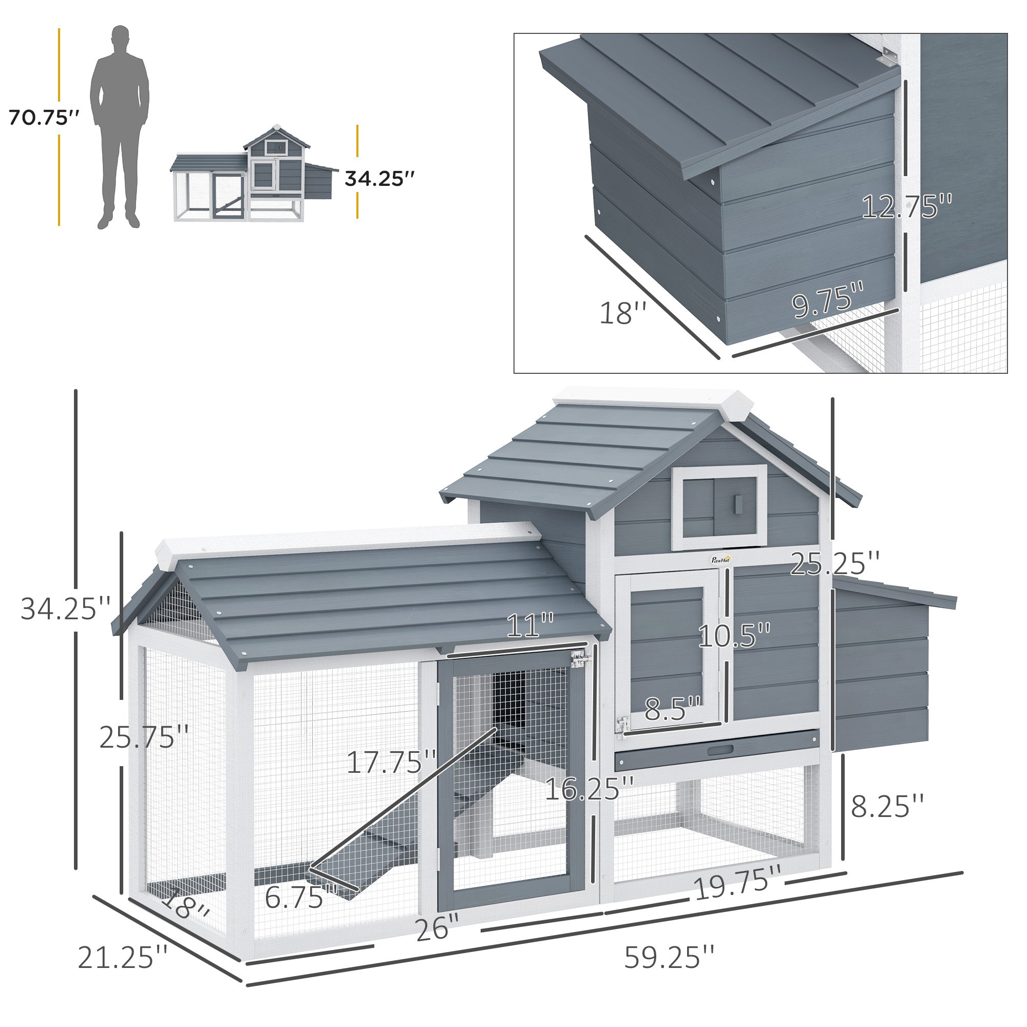 59" Small Wooden Chicken Coop Hen House Poultry Cage for Outdoor Backyard with 2 Doors, Nesting Box and Removable Tray, White - White - Image 3