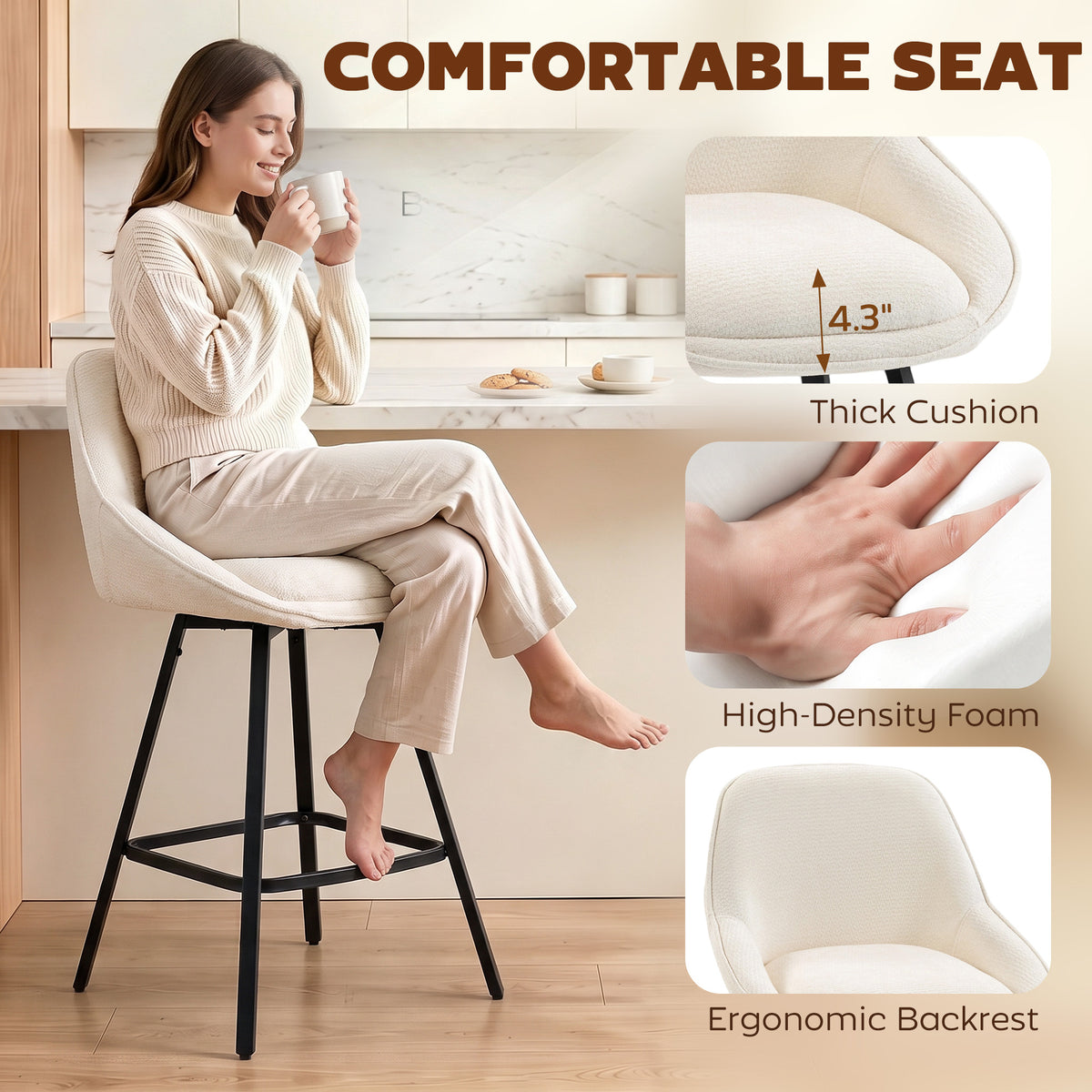 Bar Stools Modern Chenille 360° Swivel Barstools Counter Height Backrest Footrest Set 3, Cream White