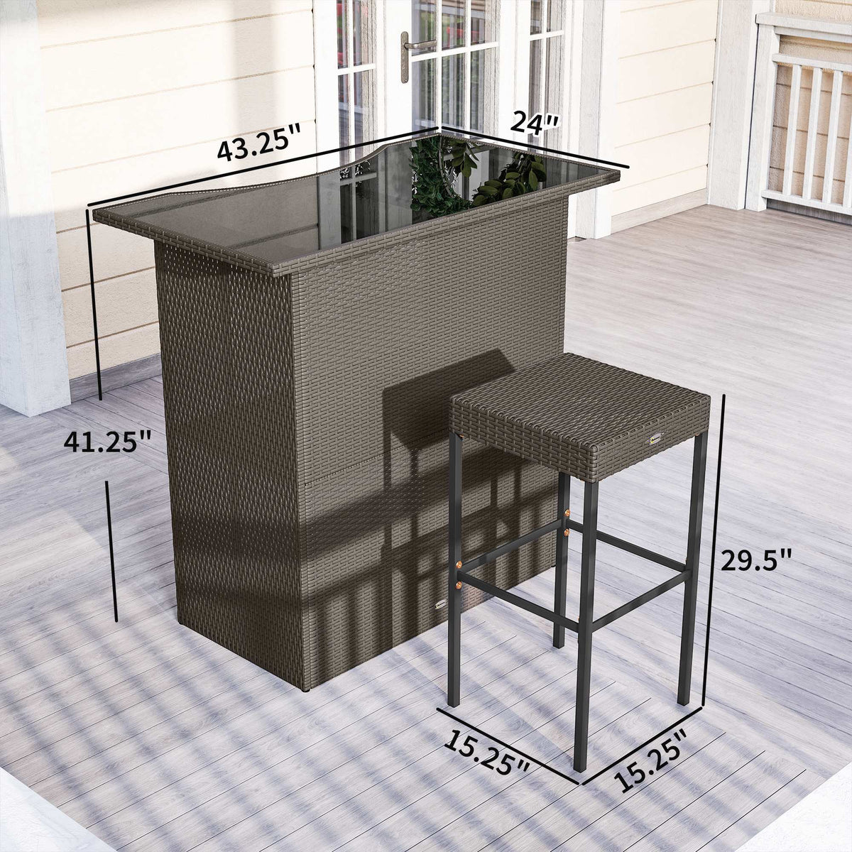 5 Piece Rattan Wicker Bar Set, High Top Outdoor Table and Chairs, Bar Height Patio Set, 2 Shelves & 4 Bar Stools, Brown
