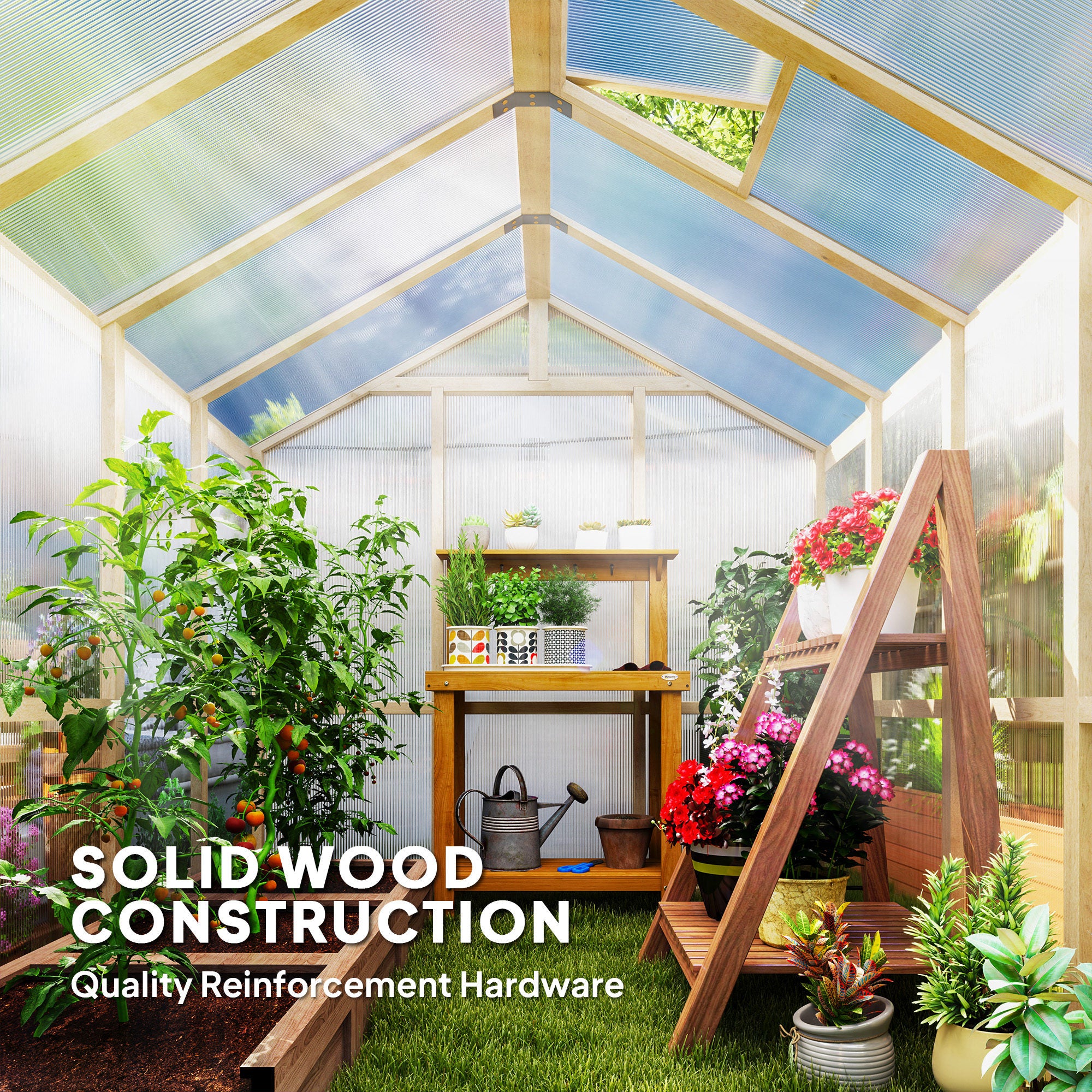 Wooden Greenhouse 6.6 x 8 ft Polycarbonate Walk-in with Lockable Door Thickened Panels, Roof Vent - Brown - Image 5