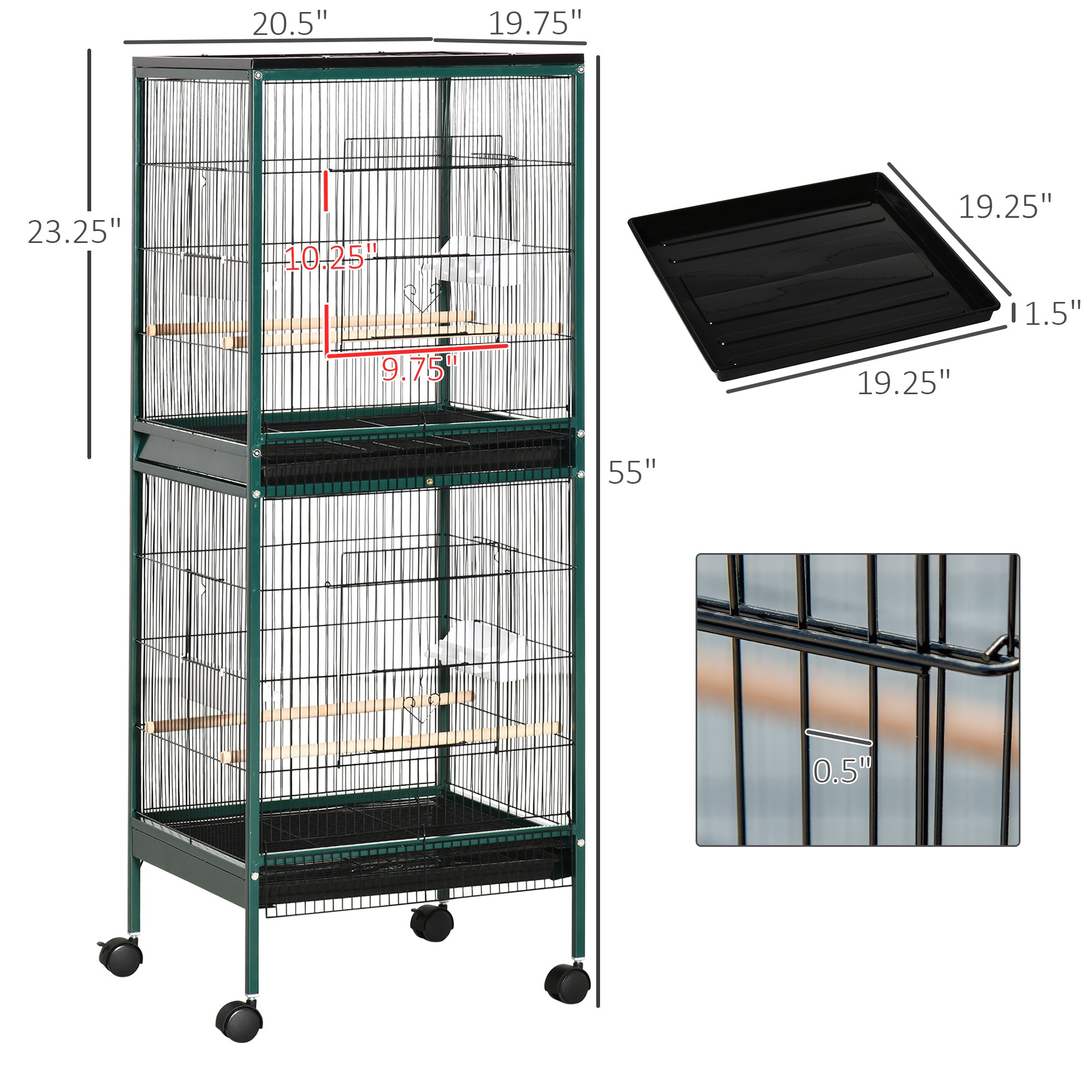 Large Bird Cage with 1.7 ft. Width for Wingspan, Bird Aviary Indoor with Multi-Door Design, Fit for a Canary, Finch, Conure, 55", Green - Green - Image 3