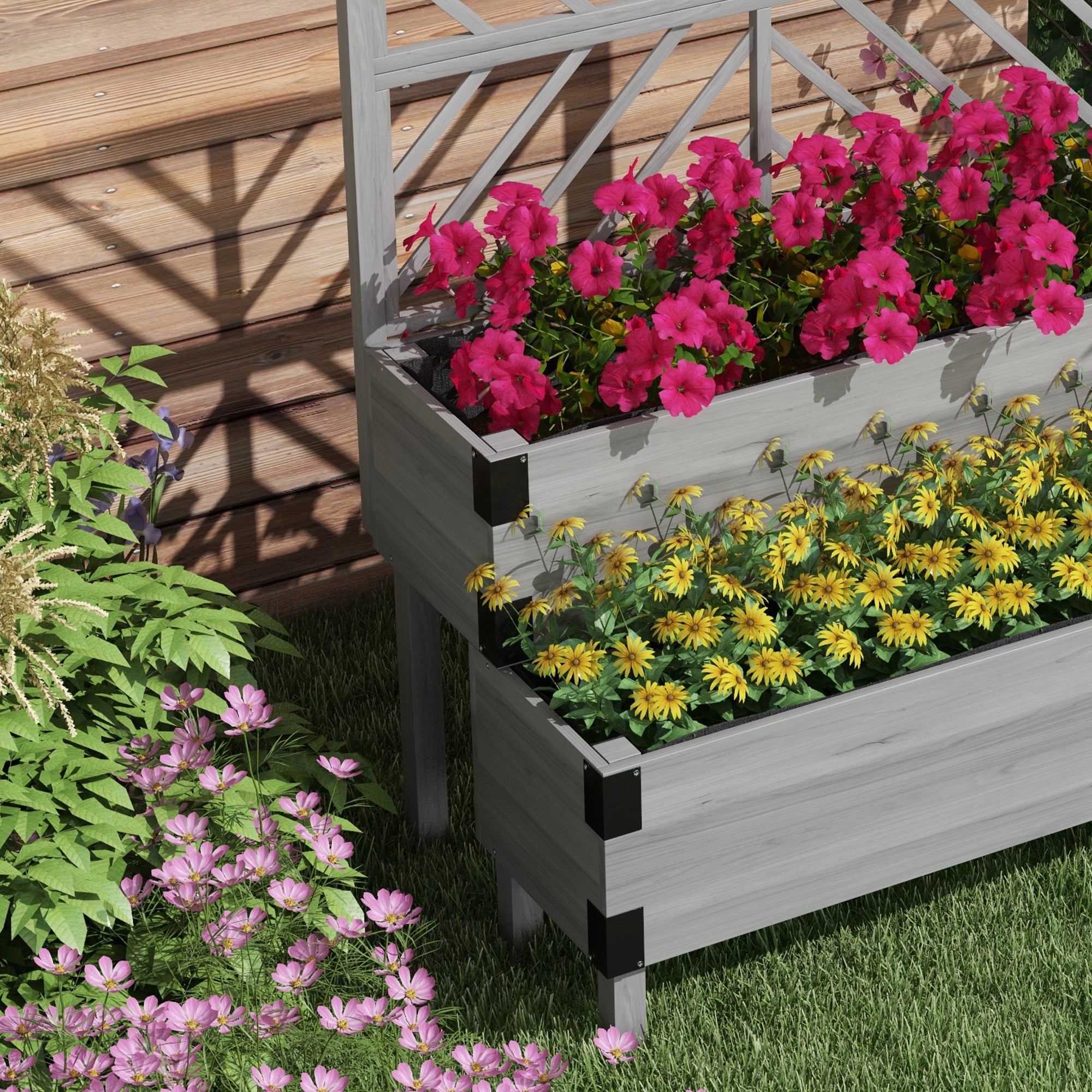2 Tier Trellis Planter, Wooden Raised Garden Bed, Gray - Gray - Image 8