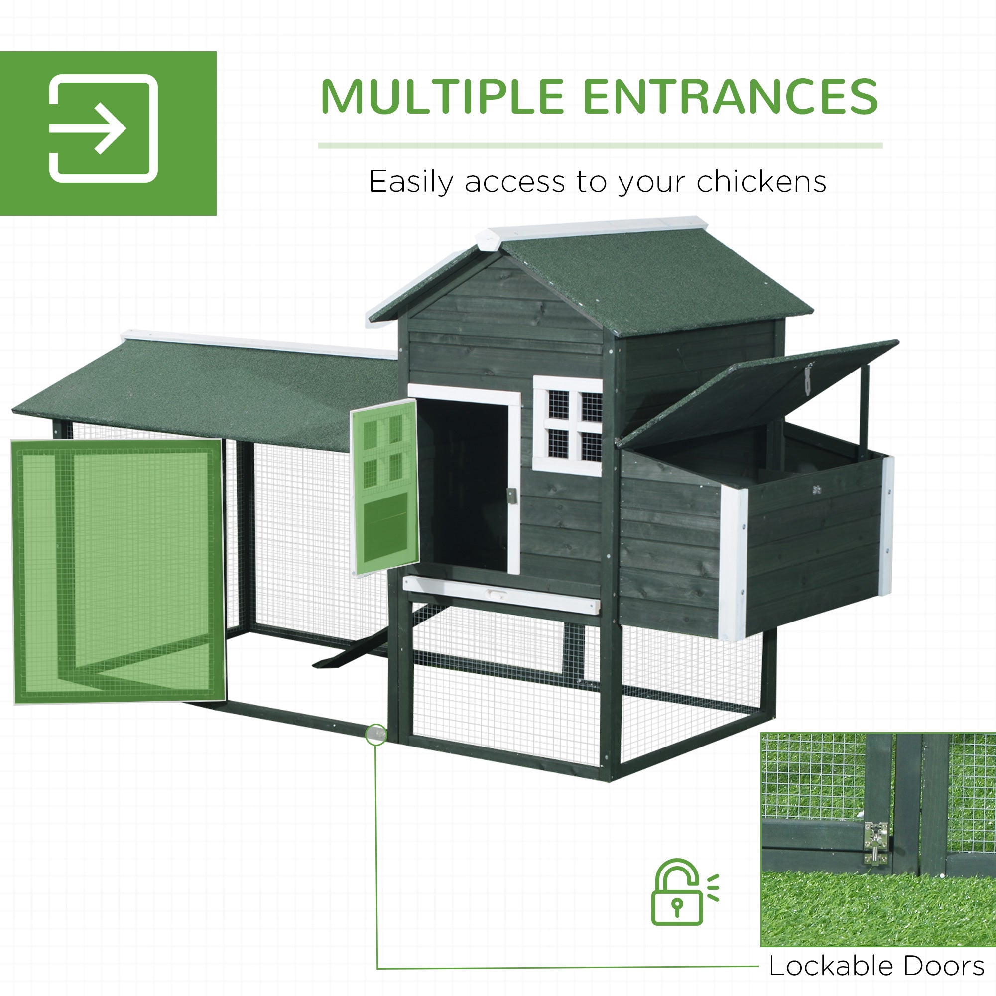 84" Wooden Chicken Coop, Hen House Outdoor with Run Nesting Box, Asphalt Roof, Removable Tray, Ramp, Poultry Cage for 2-3 Chickens, Green - Green - Image 5