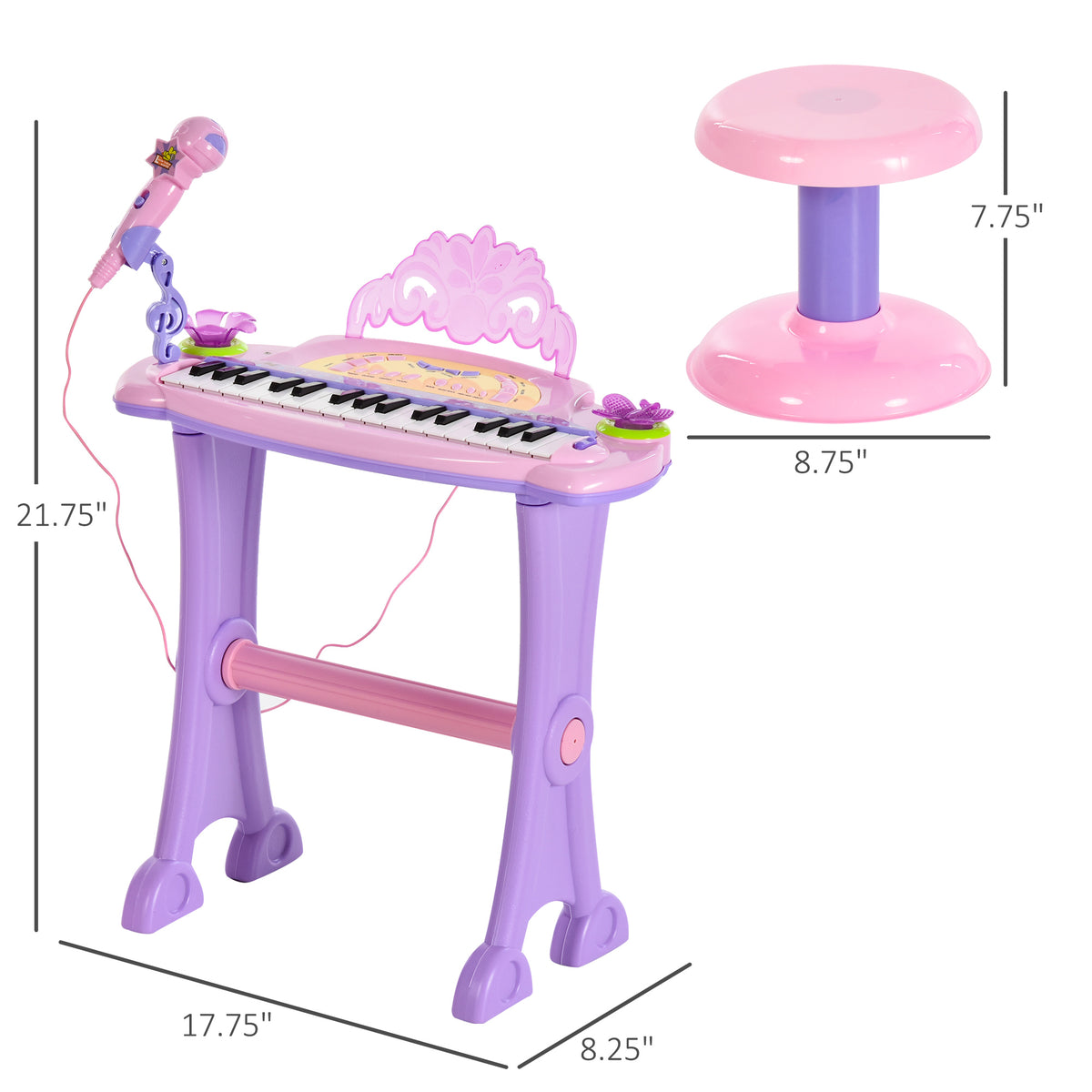 Qaba 32-Key Princess Electronic Toy Piano for Kids, Educational Keyboard Piano with Stool, MP3, Record, Flashing Lights, Microphone for 3-6 Years, Pink