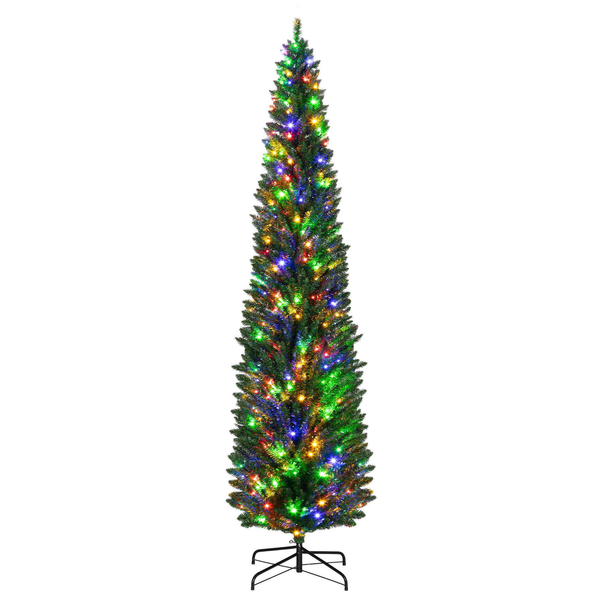 8' Artificial Pencil Christmas Trees Holiday Decoration with Colorful LED Lights, Steel Base, Skinny Shape