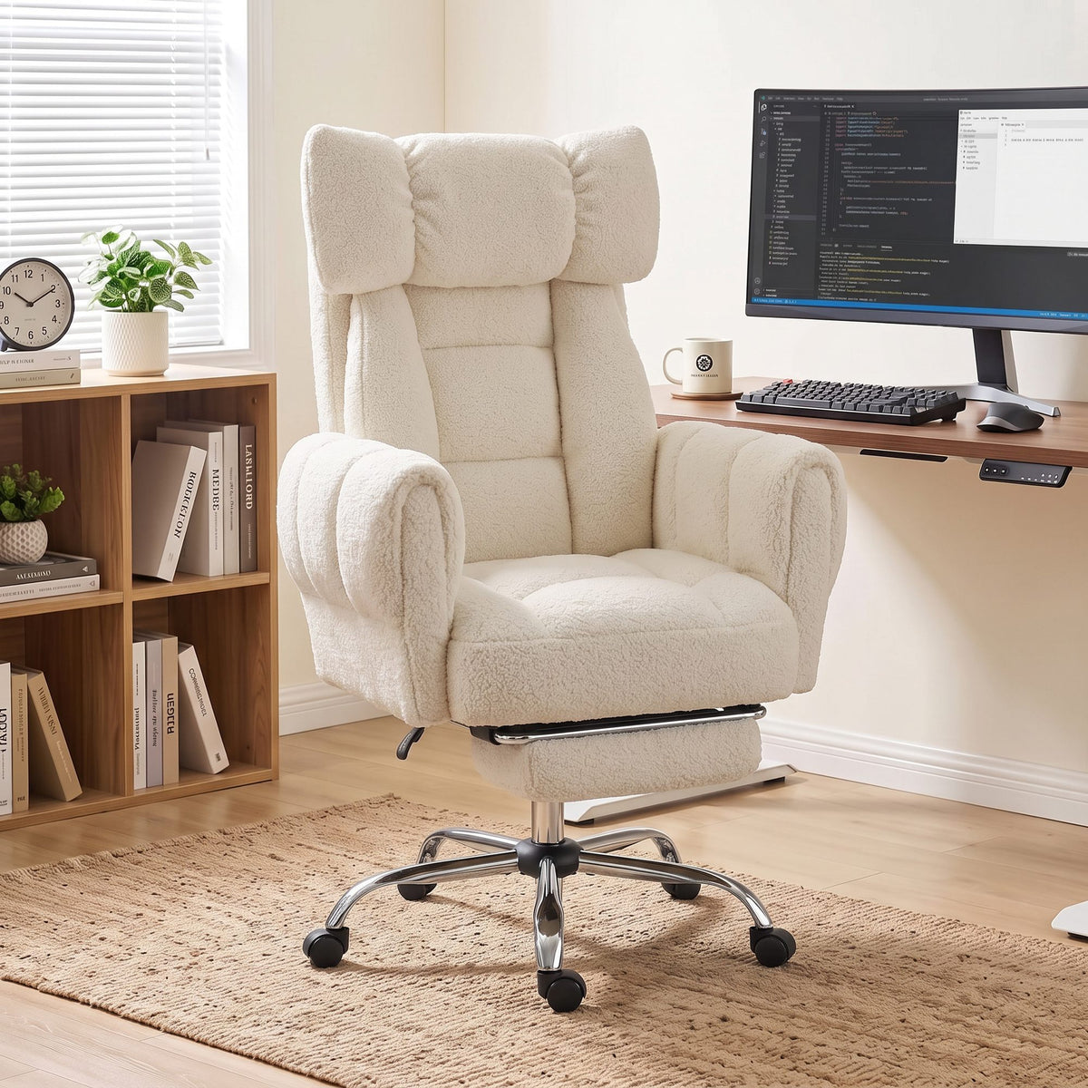 Criss Cross Office Chair with Flip-Up Armrests, Reclining Desk Chair with Wide Seat, Footrest, Wheels, Cream White