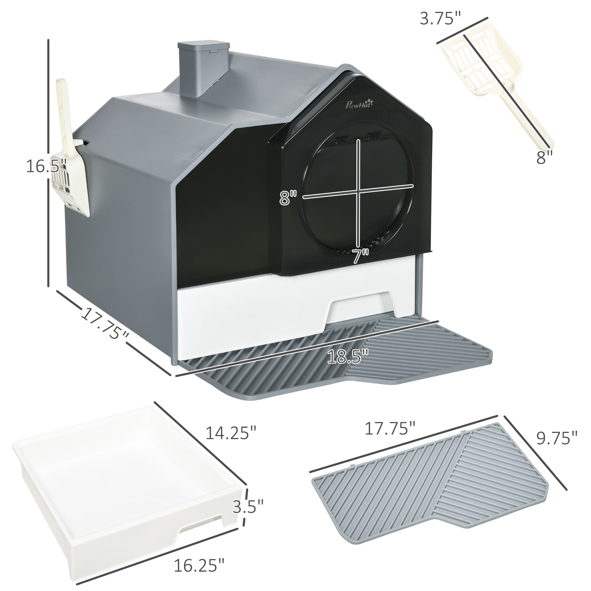 Hooded Cat Litter Box w/ Litter Mat, Litter Particle Catching, Gray - Gray - Image 3