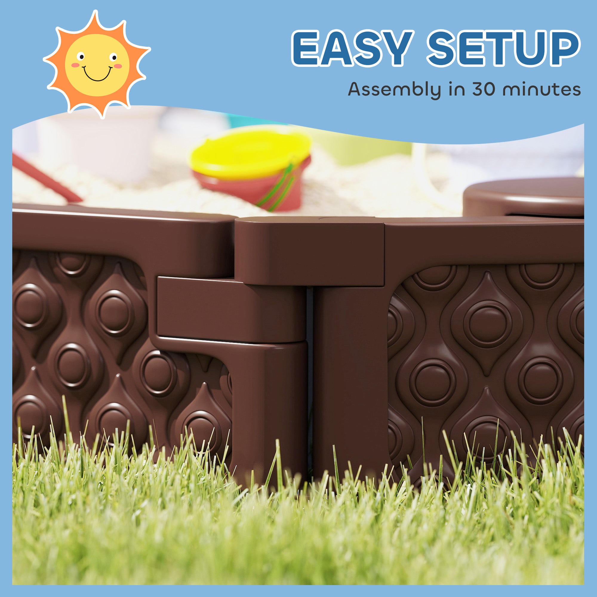 Kids Sandbox with Cover, 4 Corner Seats, Bottom Liner for Backyard, Garden, Outdoor, 71" x 42" W x 9", Dark Brown