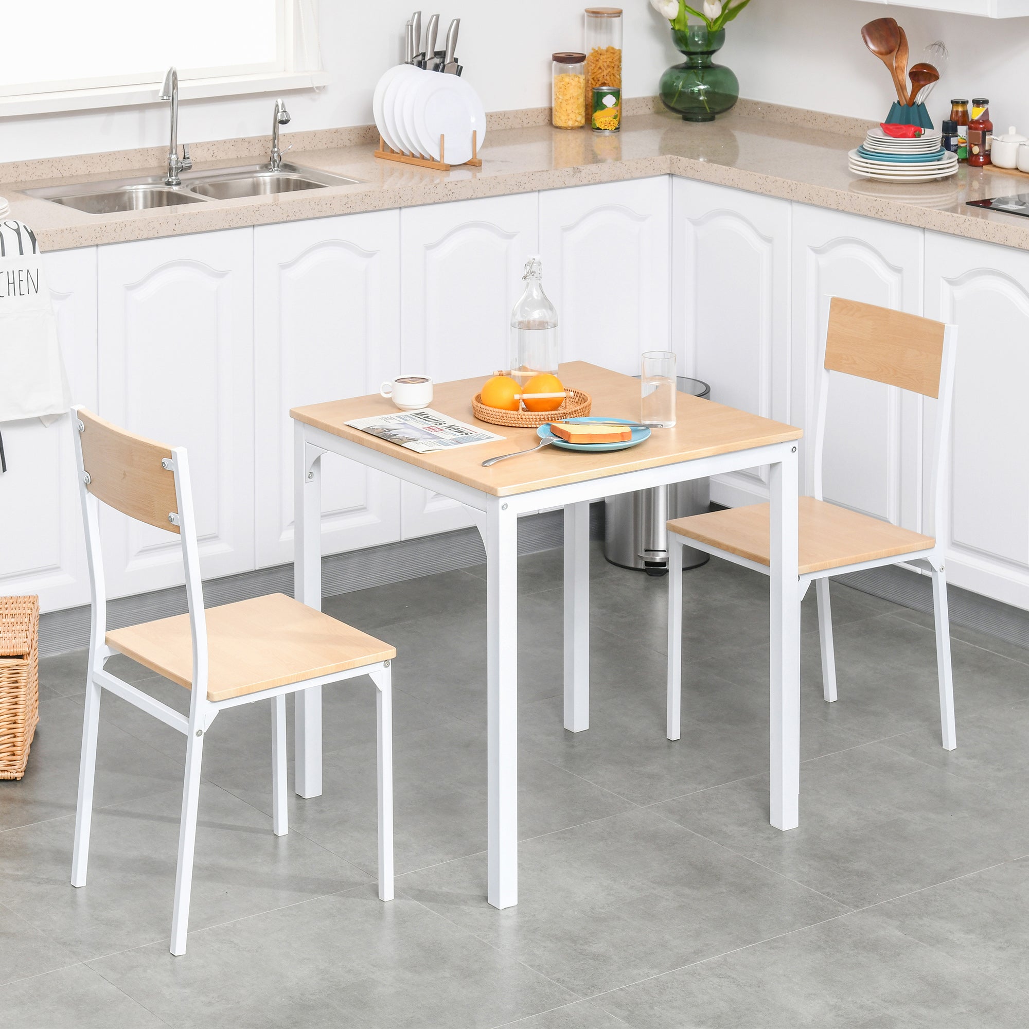 3-Piece Wooden Square Dining Table Set with 1 Table and 2 Chairs and Sturdy Metal Frame for Small Space, White