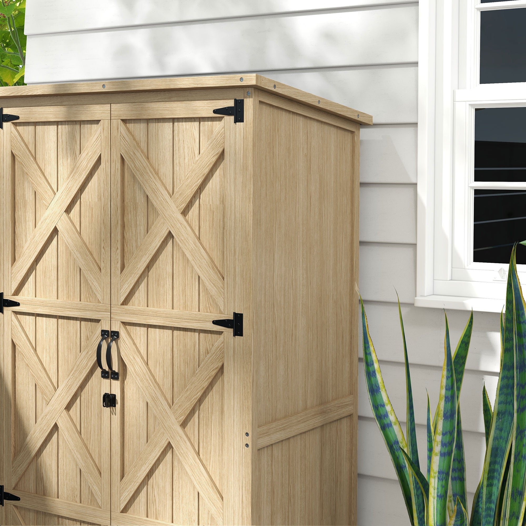 Wooden Outdoor Storage Cabinet Garden Shed with Waterproof Asphalt Roof and Lockable Doors, Natural - Natural Wood - Image 8
