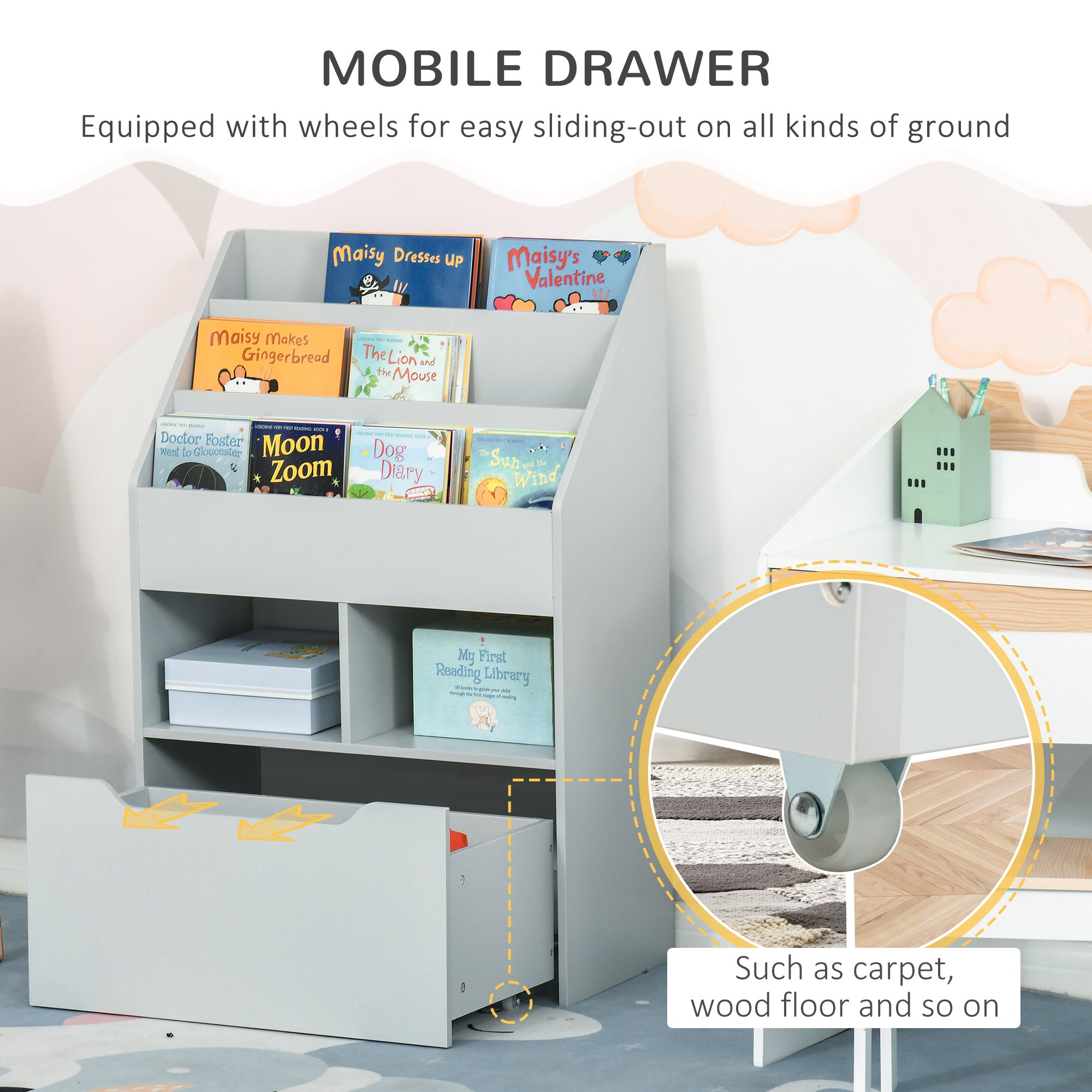 Kids Bookcase Multi-Shelf Book Rack with Mobile Drawer for Books, Toy , Gray