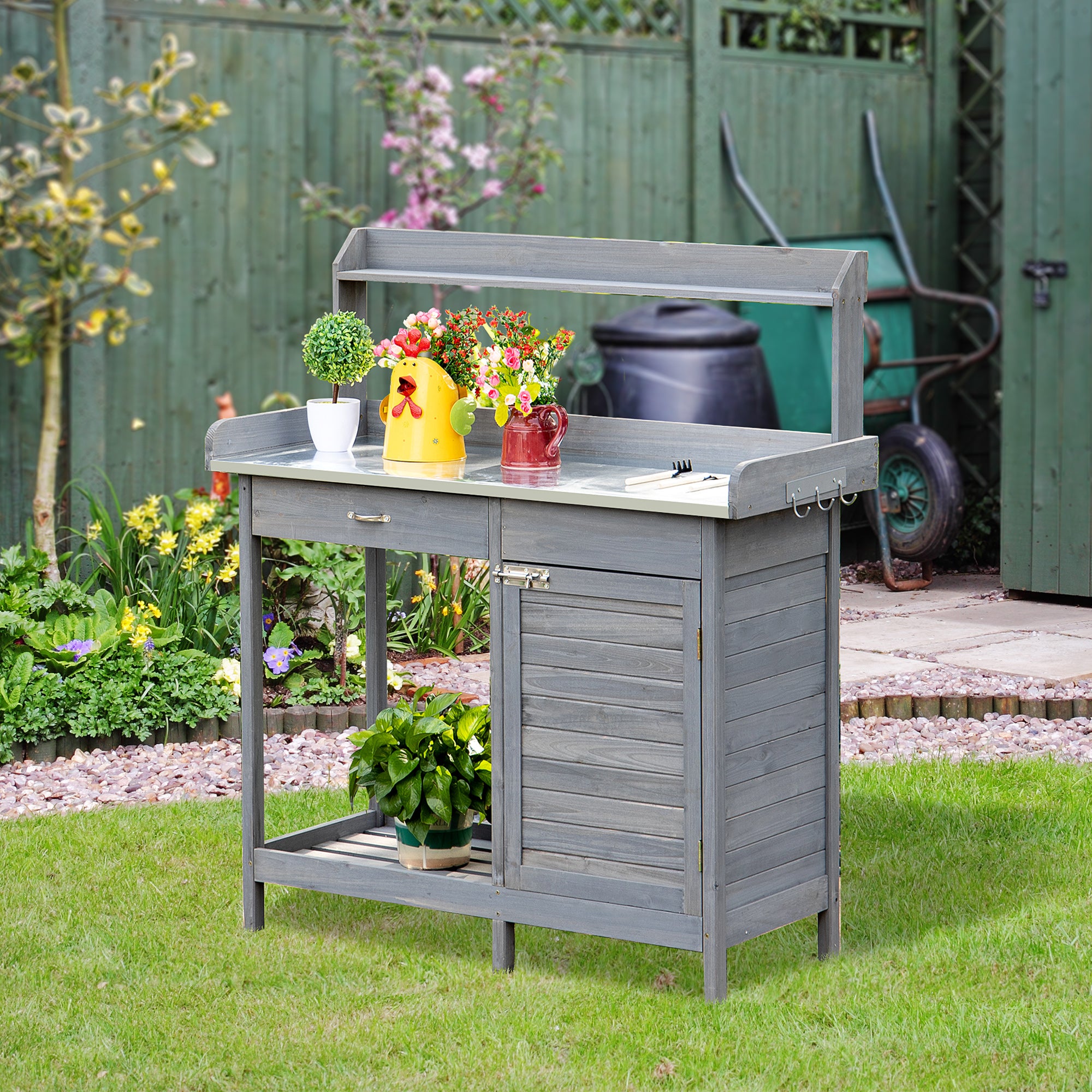 Outdoor Potting Bench Table, Garden Work Station with Storage Cabinet, Open Shelf and Steel Tabletop, Gray - Grey - Image 2