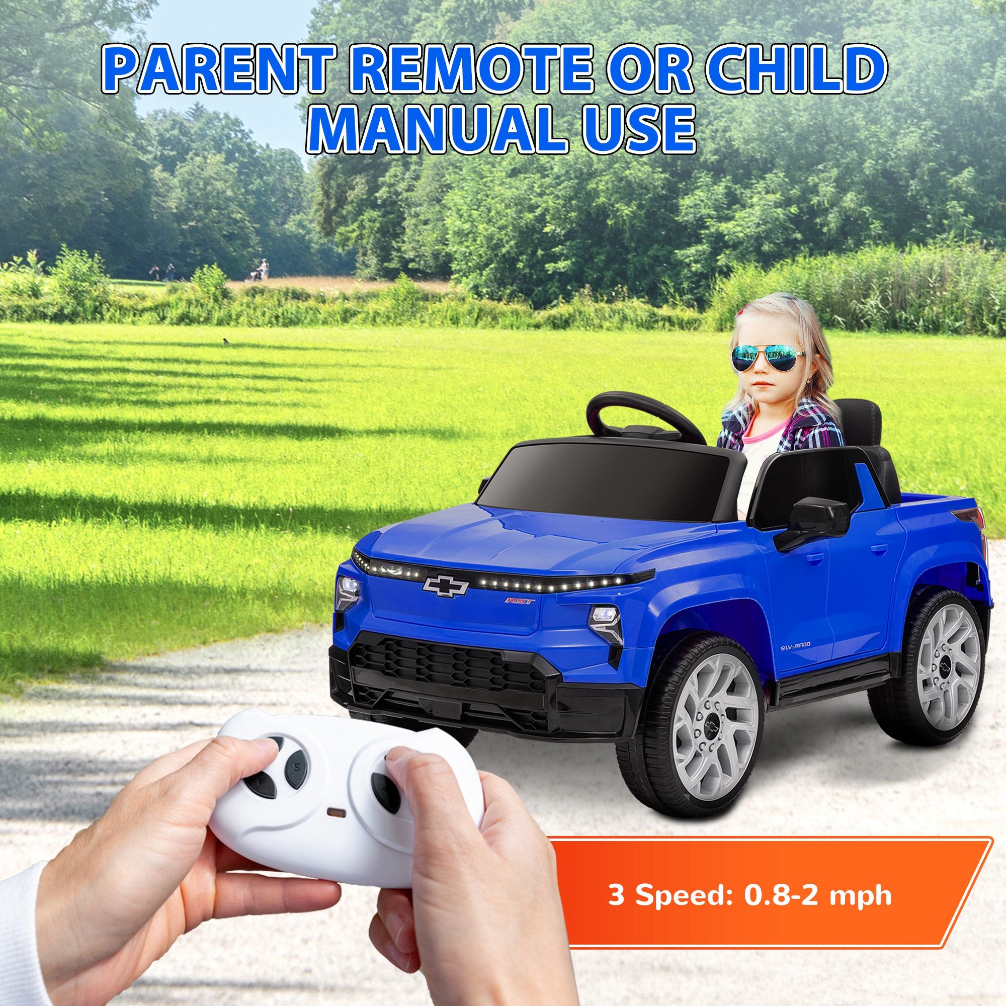 12V Chevrolet Silverado EV RST Licensed Kids Electric Car with Parent Remote Control, Spring Suspension, Blue