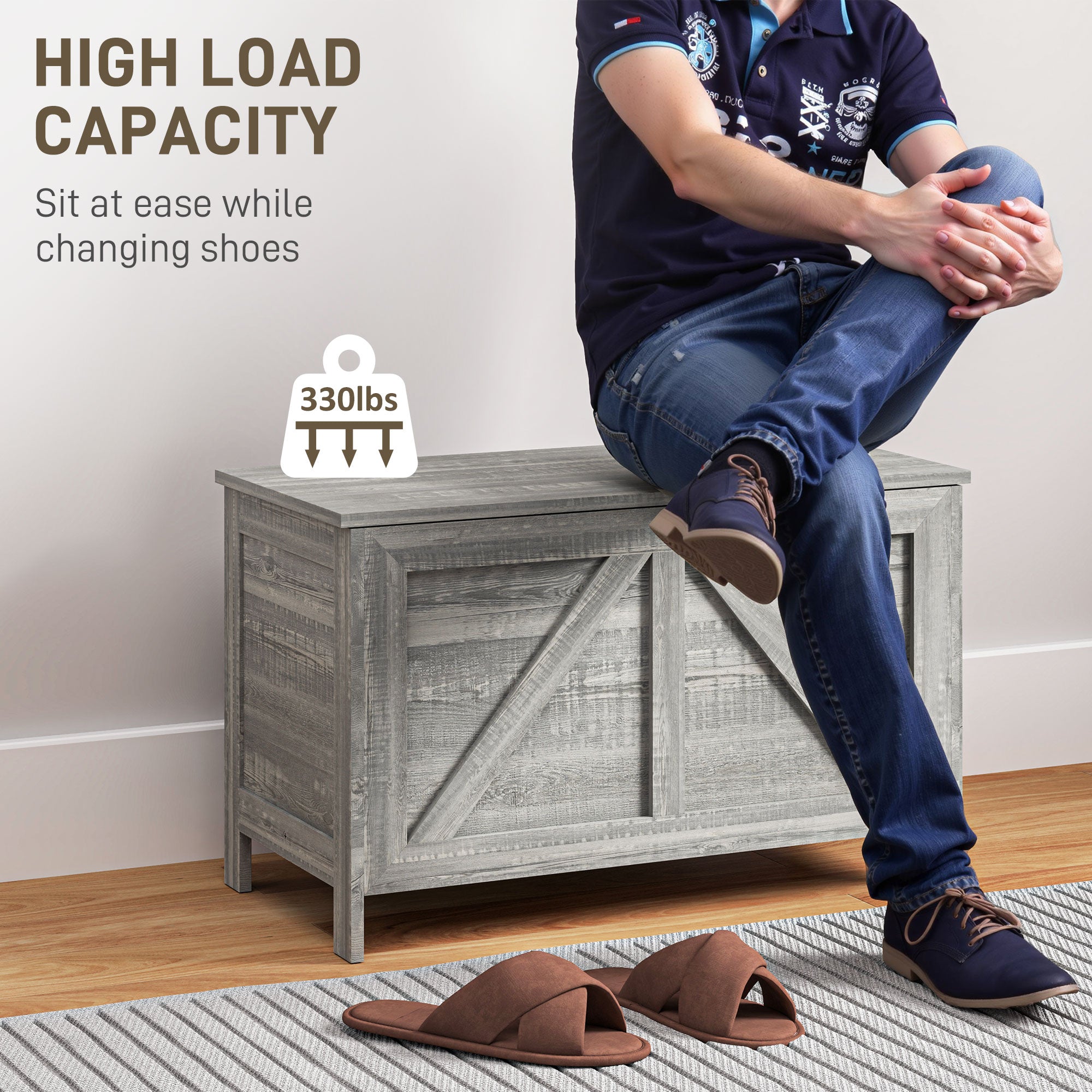 Storage Chest, Farmhouse Lift Top Box Organizer with Safety Hinge, for Bedroom, Entryway, Living Room, Gray Wood Grain