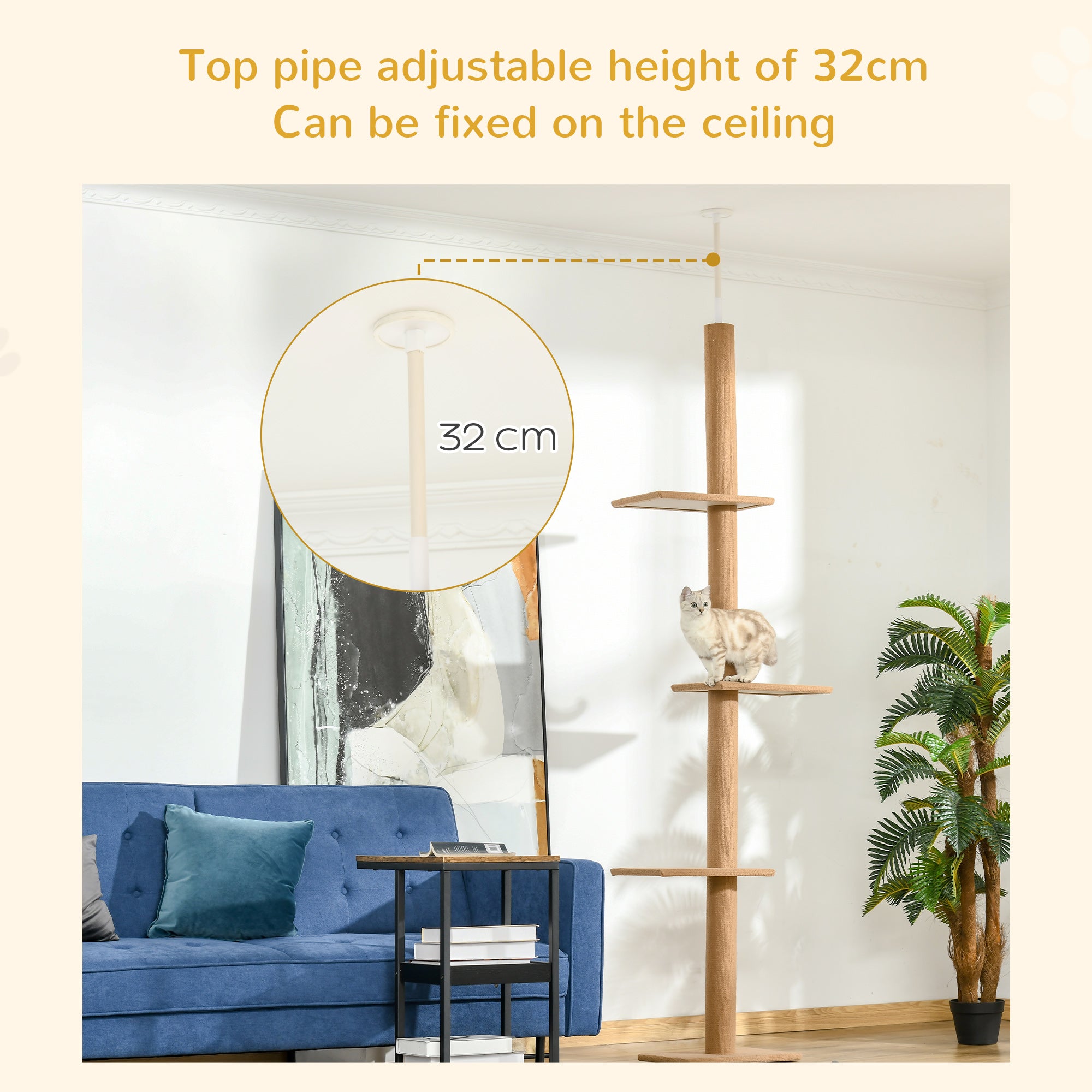 Floor-to-Ceiling Cat Tree Cat Climbing Tower with Sisal-Covered Scratching Posts Natural Cat Tree Activity Center for Kittens Cat Tower Furniture, Brown - Brown - Image 5