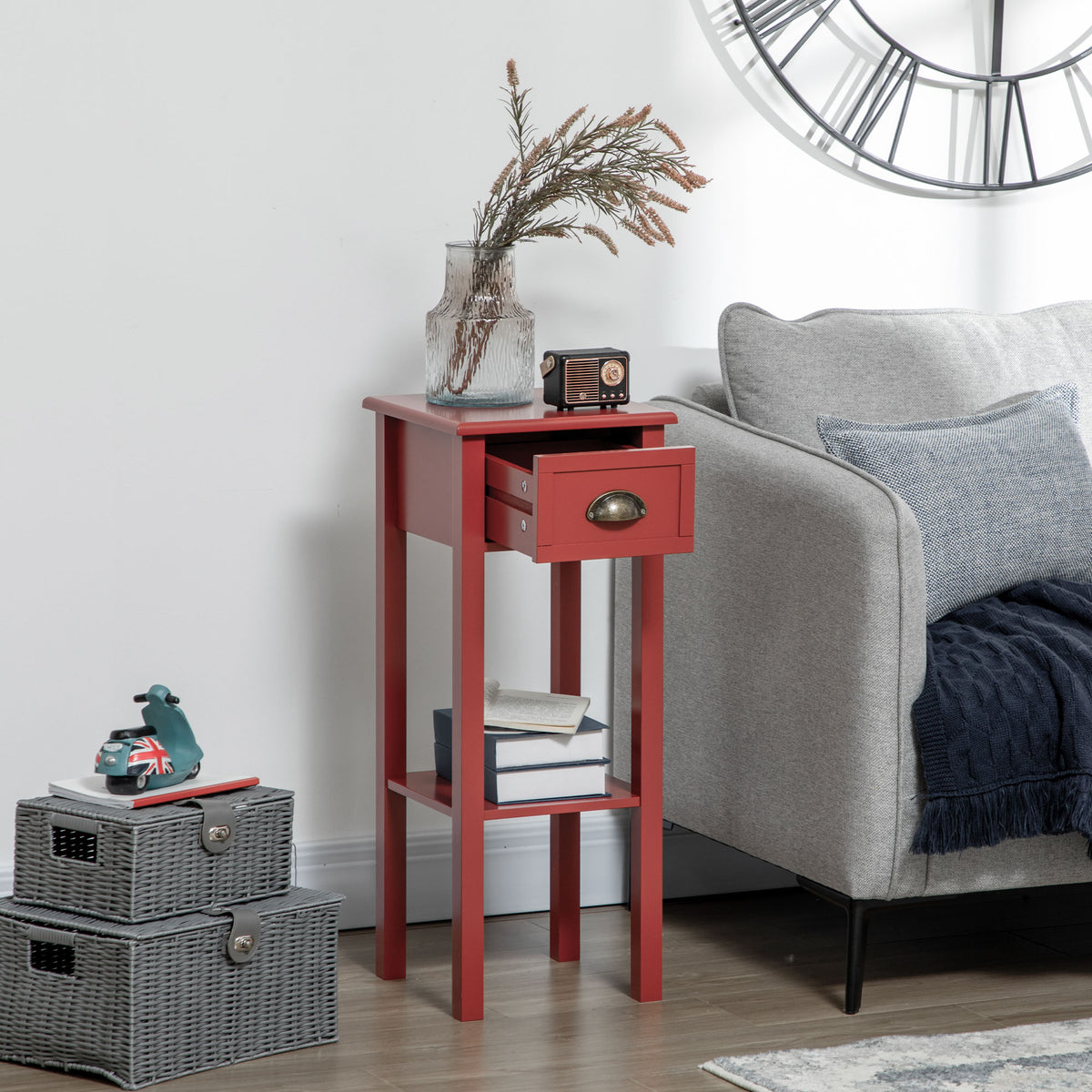 2-Tier Nightstand, Side Table with Drawer and Shelf for Living Room or Bedroom, Set of 2, Red
