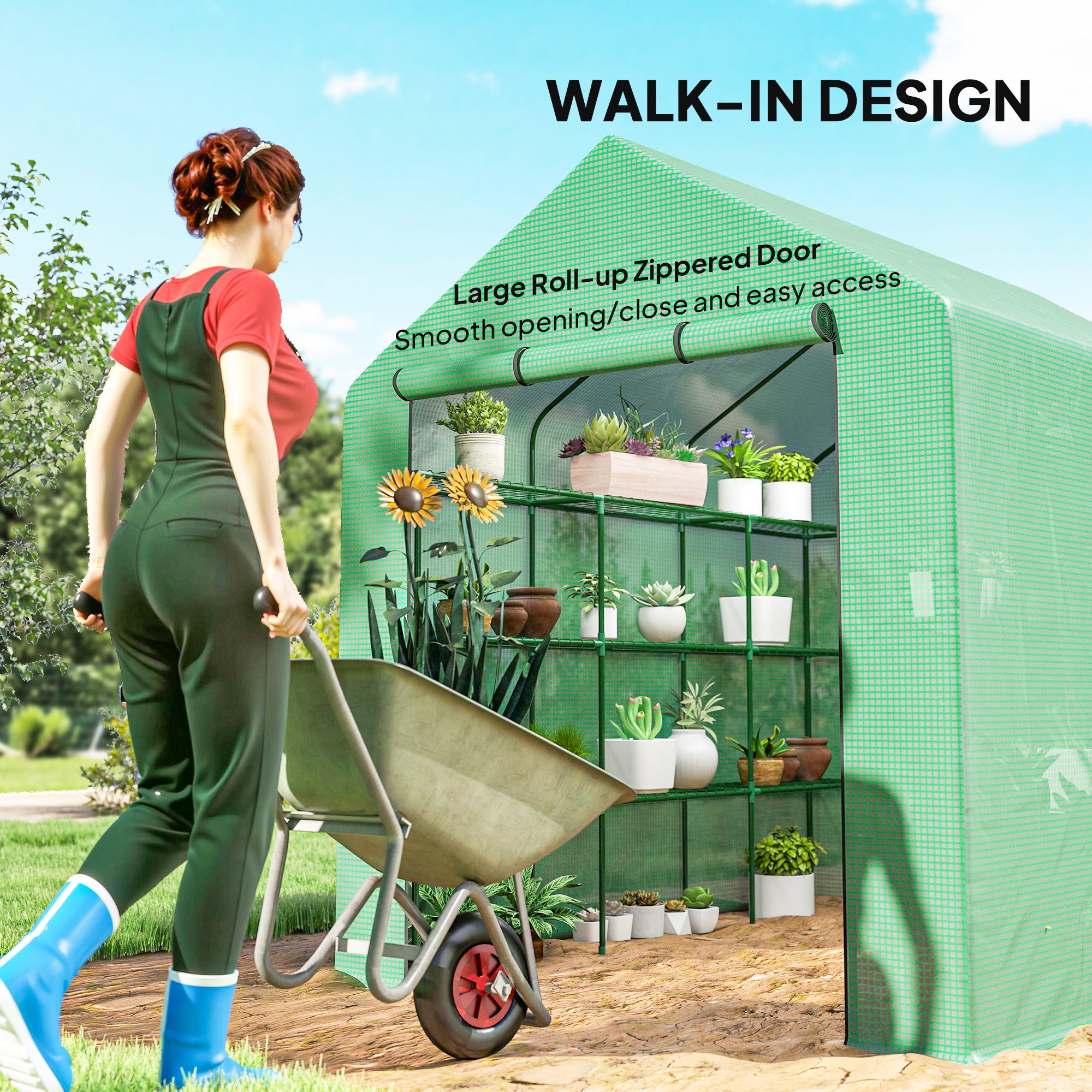 Outdoor Walk-in Greenhouse with Roll-up Zipper Door, 18 Shelves, PE Cover, 95.25" x 70.75" x 82.75", Green - Green - Image 5