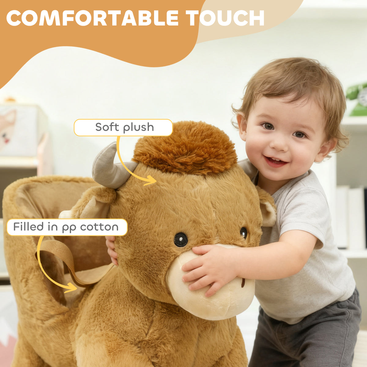 Baby Rocking Horse with Cute Cow Stuffed Plush, Music, Safety Belt, Wooden Rocking Horse for 1-3 Years, Brown