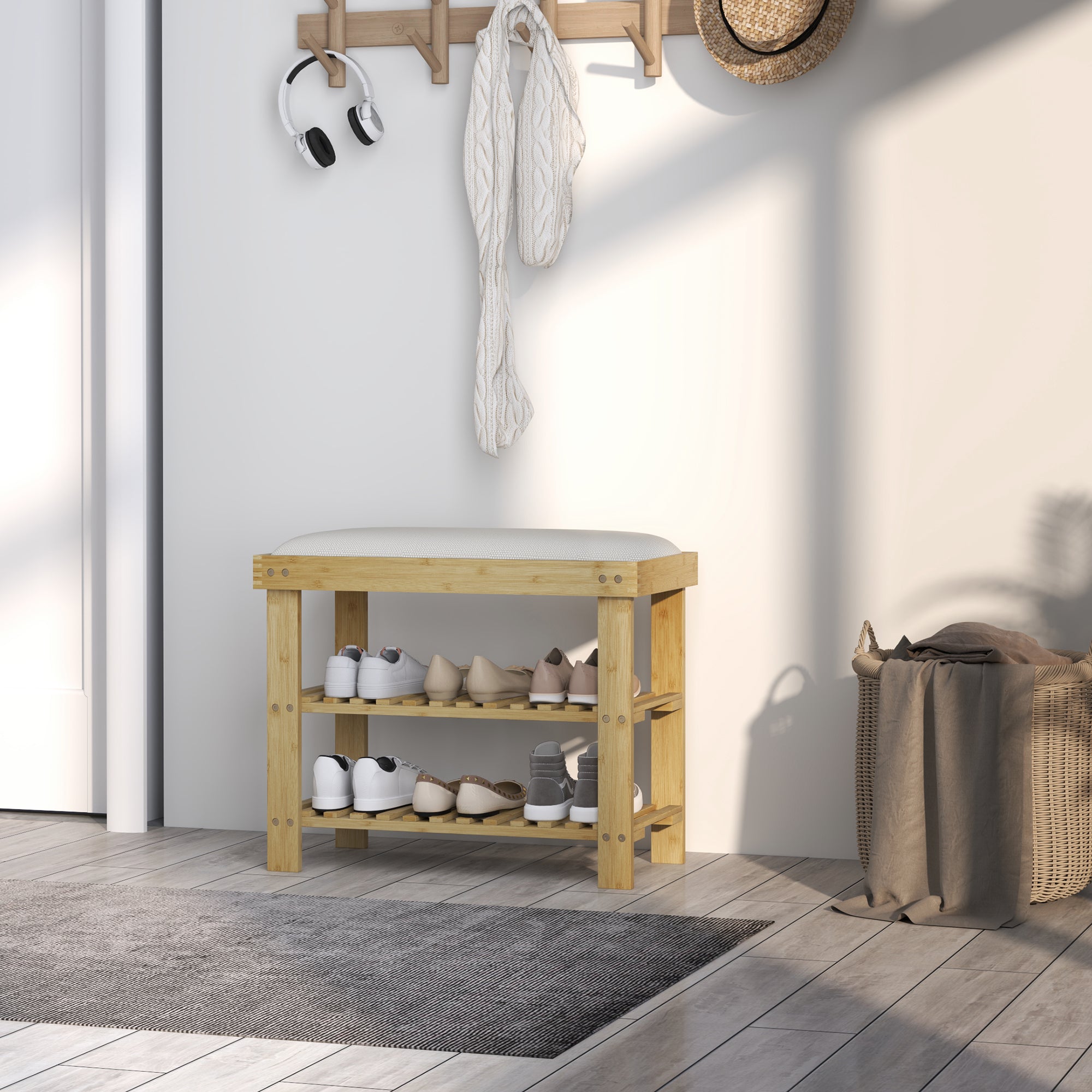 Bamboo Shoe Storage Bench, 3-Tier Entryway Bench with Cushion, Shoe Organizer for Entryway, Hallway, Natural