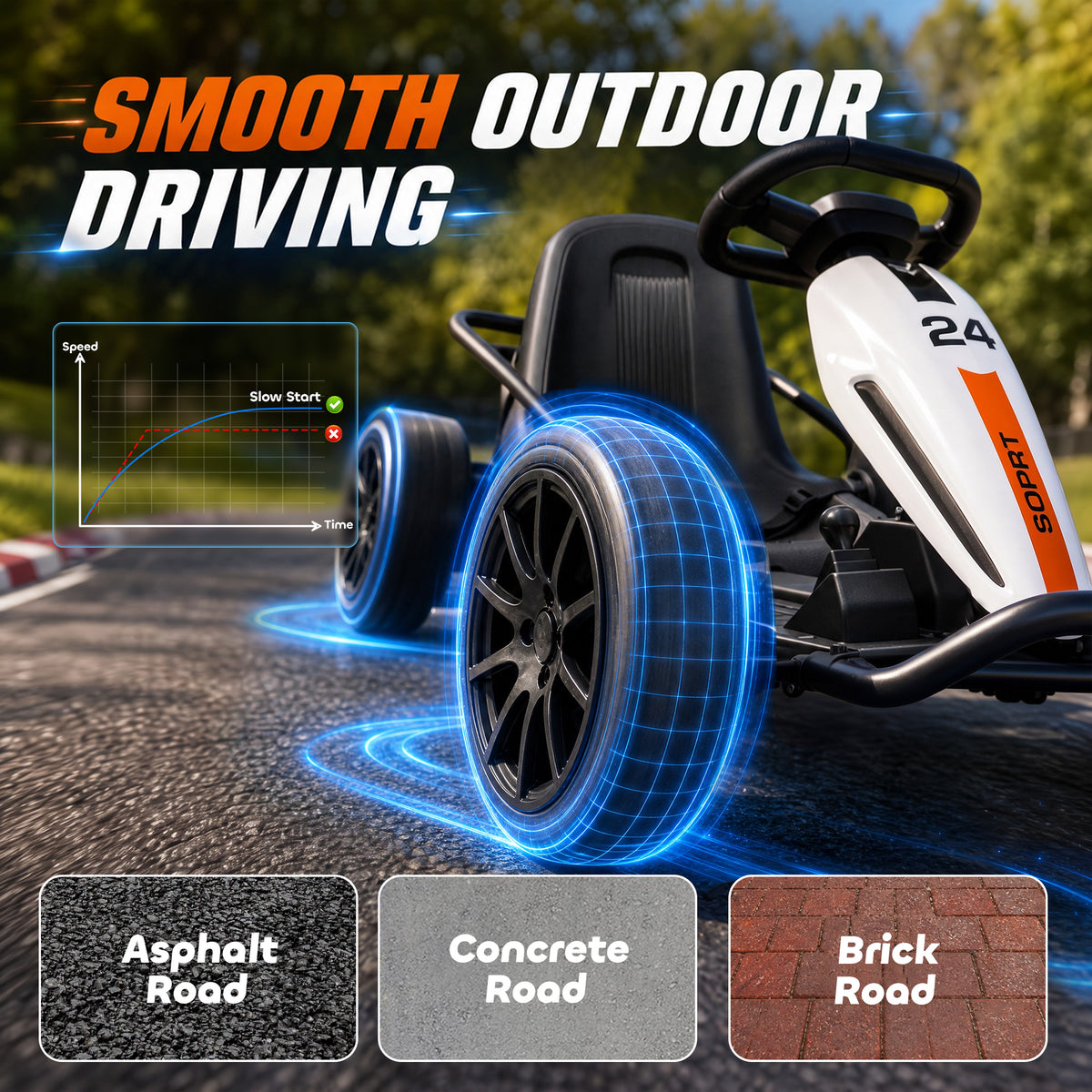 24V Electric Drift Go Kart for Kids with Dual Motors, Soft Start, PU Wheels, 7.5MPH High Speed, for Ages 6+, White