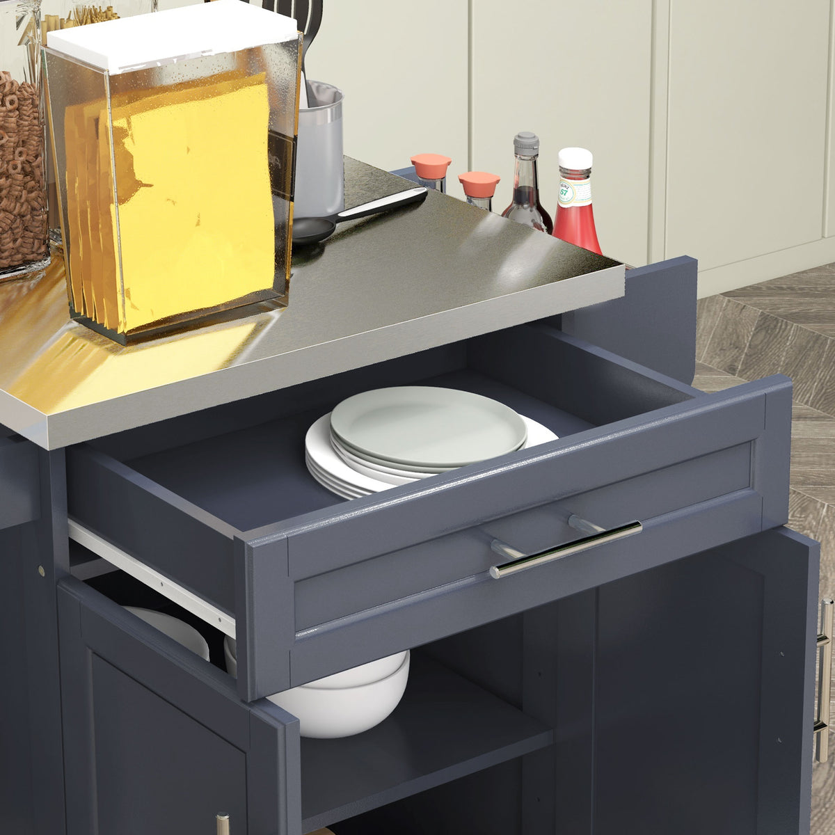 Kitchen Island with Wheels, Rolling Kitchen Island with Storage, Stainless Steel Countertop for Dining Room, Deep Blue