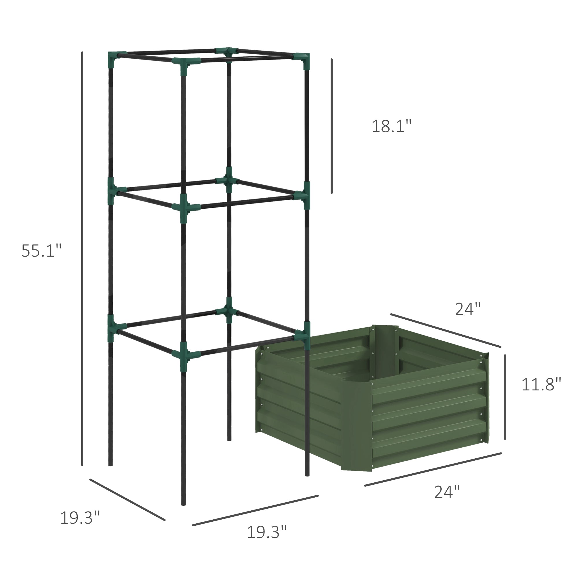 Galvanized Planter Box, 24" x 24" x 55" Raised Garden Bed with Tomato Cage for Climbing Vines, Green - Green - Image 3