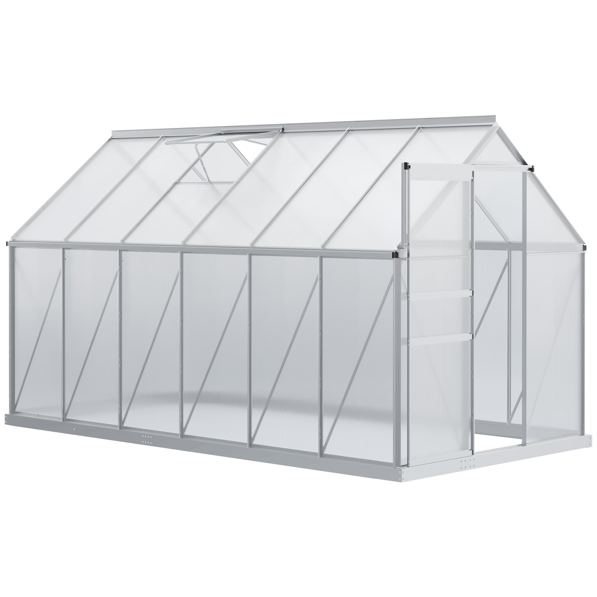 12' x 6' x 6.5' Polycarbonate Greenhouse with Aluminum Frame, Walk-in Heavy Duty Green House with Adjustable Roof Vent, Rain Gutter and Sliding Door for Winter, Silver - Silver
