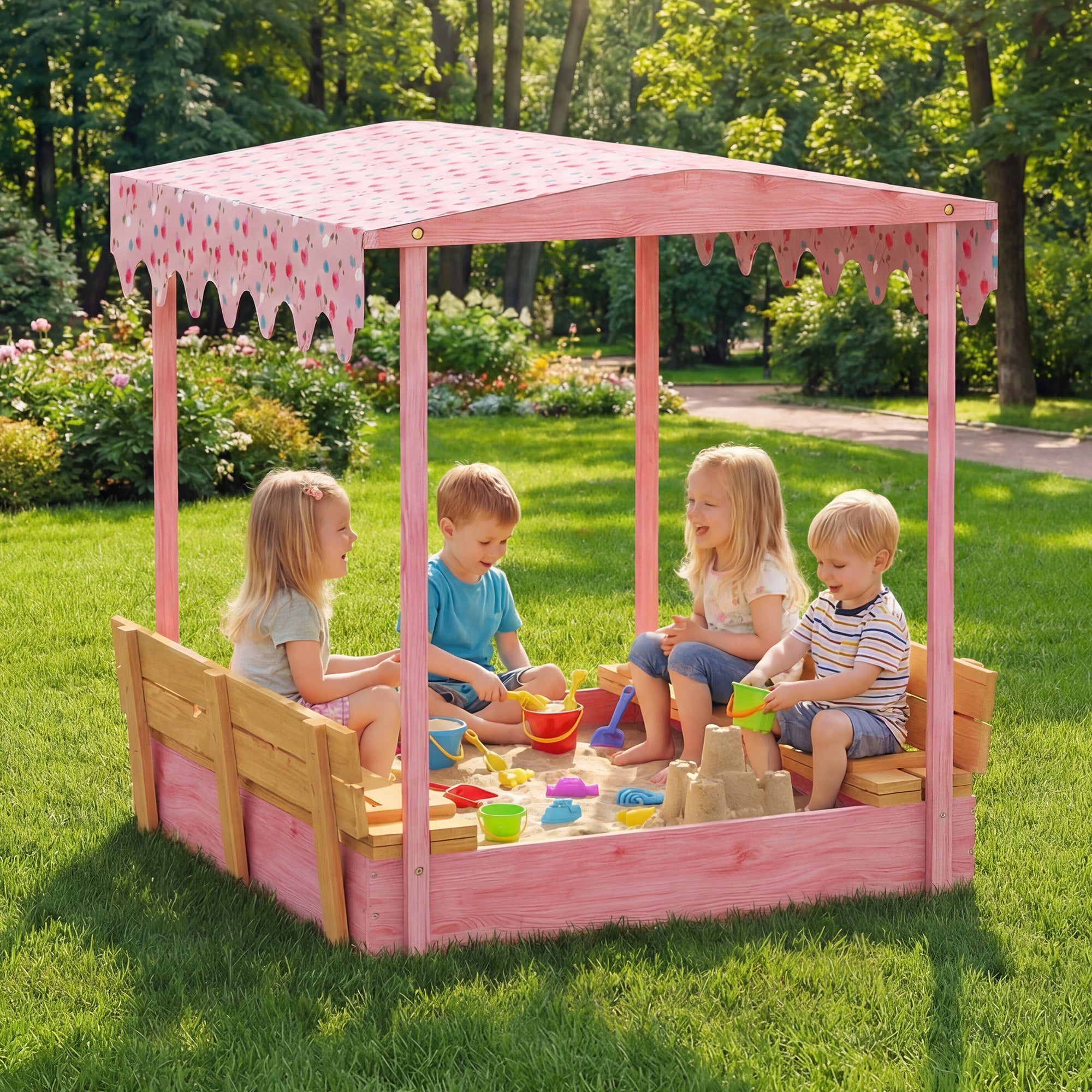 Wooden Sandbox with Cover, Kids Sandbox Outdoor with Seat, Bottom Liner, Canopy for Ages 3-6, Flamingos Print, Pink