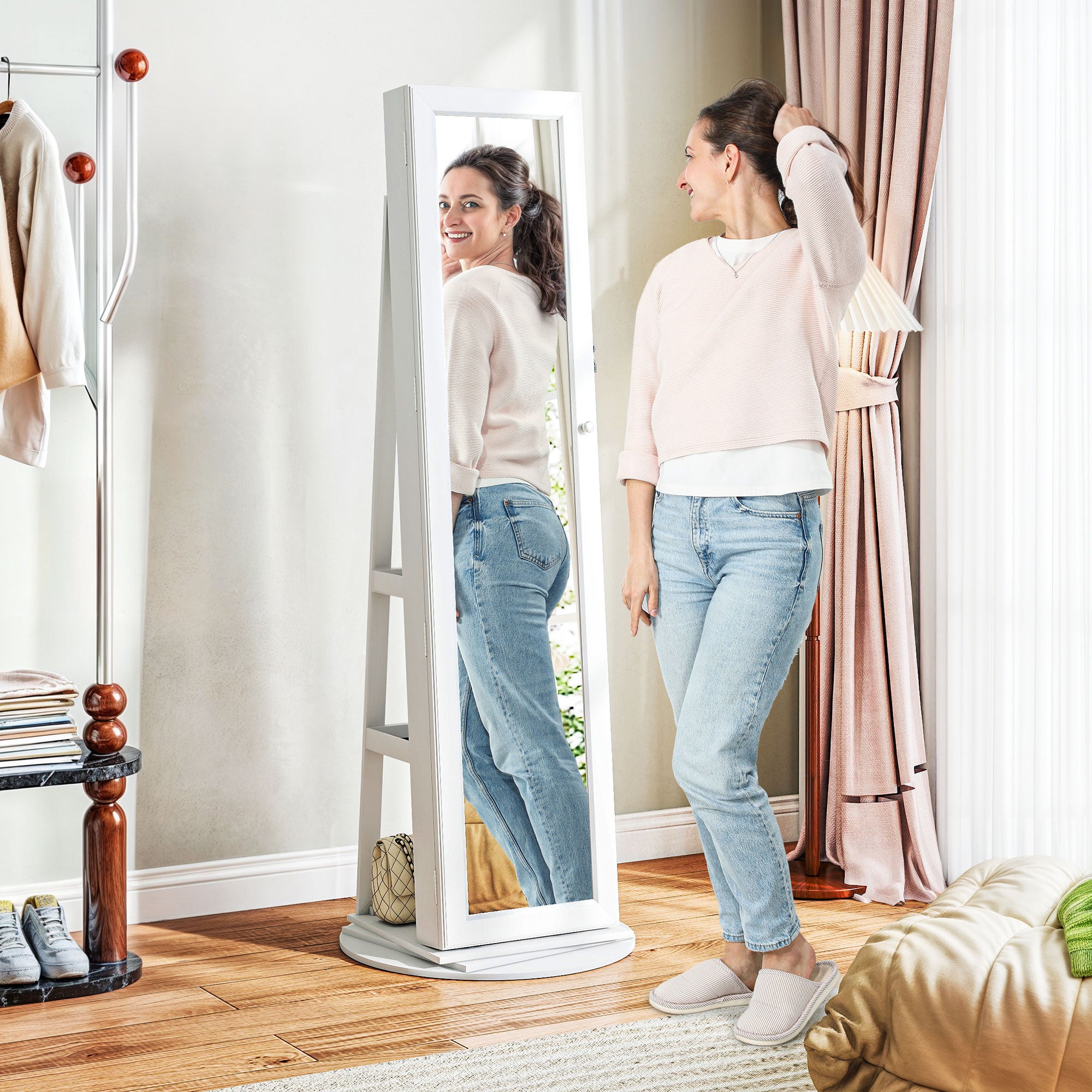 360° Swivel Jewelry Armoire, Lockable Jewelry Cabinet with Full-Length Mirror, Storage Shelves, White