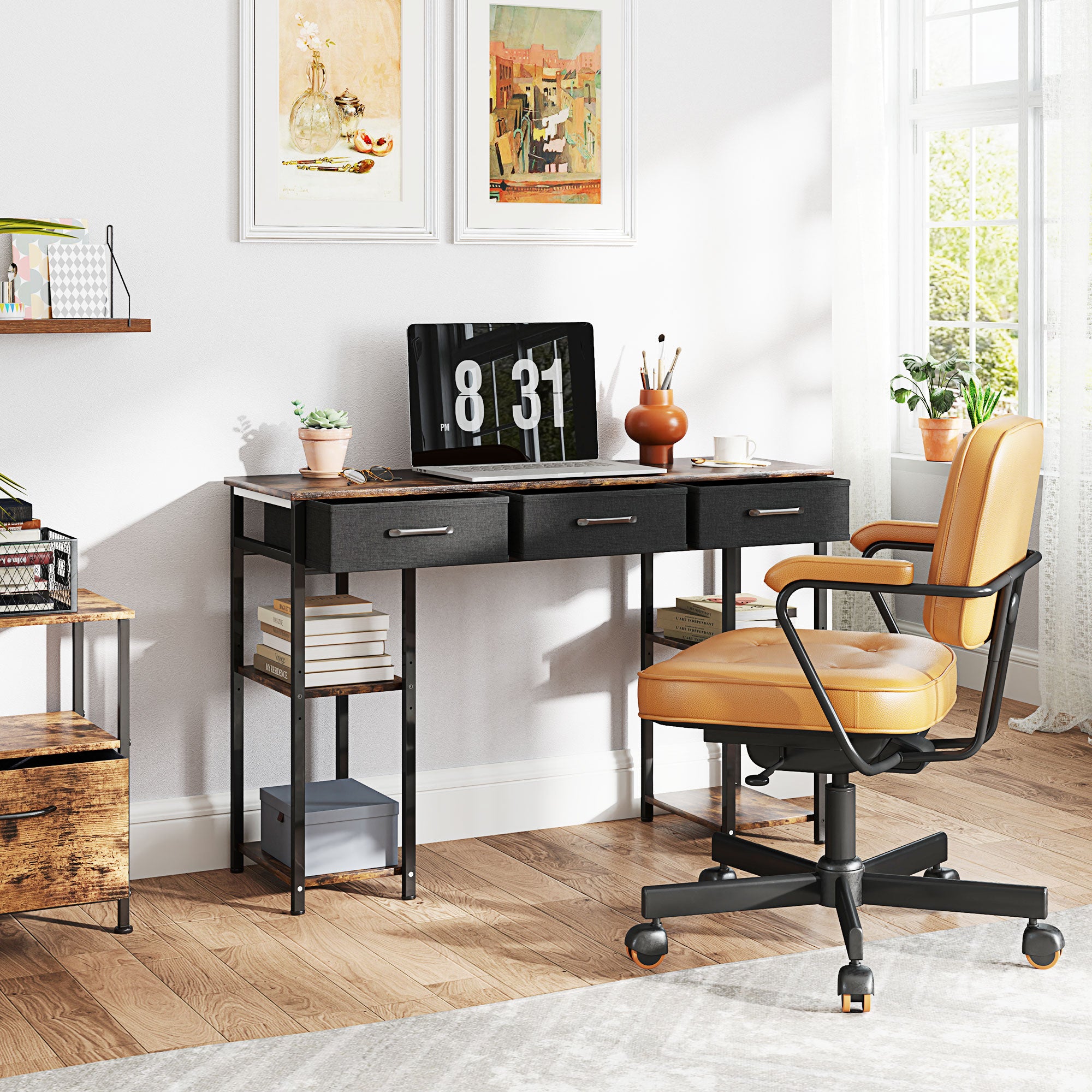 47" Small Computer Desk, Writing Desk with Fabric Drawers, Home Office Desk with Adjustable Shelves, Rustic Brown