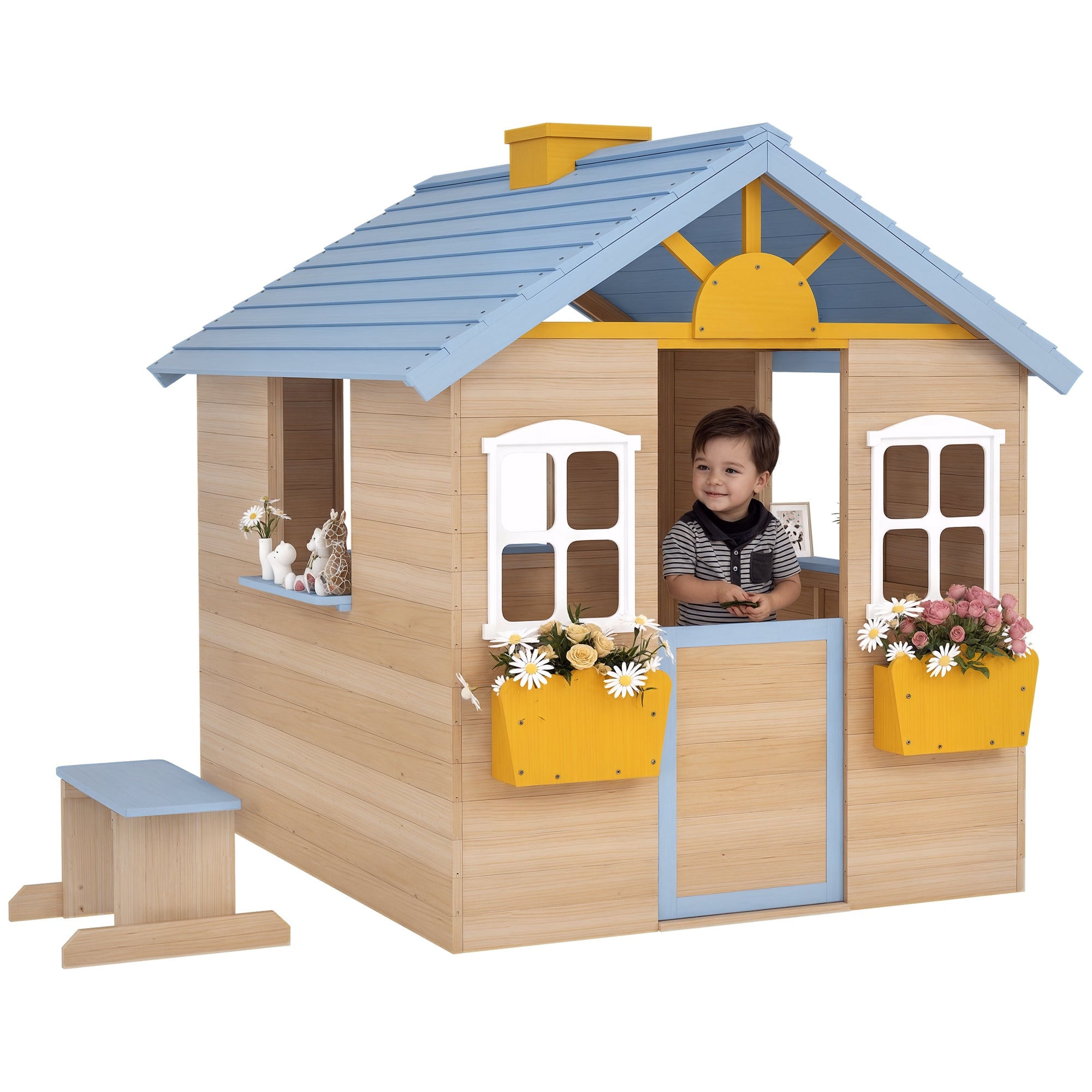 Wooden Playhouse for Kids Outdoor Garden with Working Door, Windows, Bench, Service Station, Flowers Pot Holder, Blue