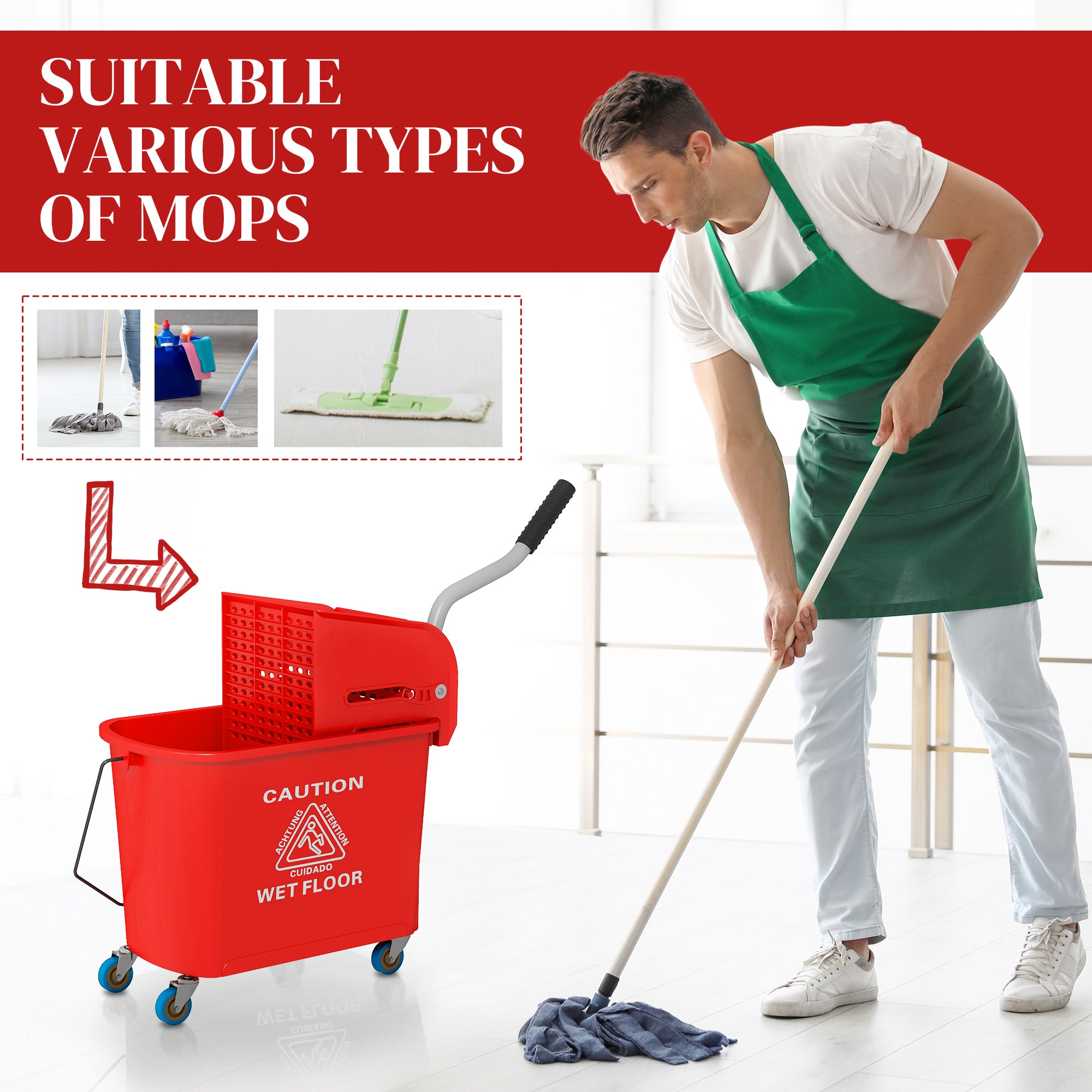 Compact Mop Bucket with Wringer, Mop Bucket on Wheels for Floor Cleaning, 21 Quart, Separate Dirty and Clean Water, Red
