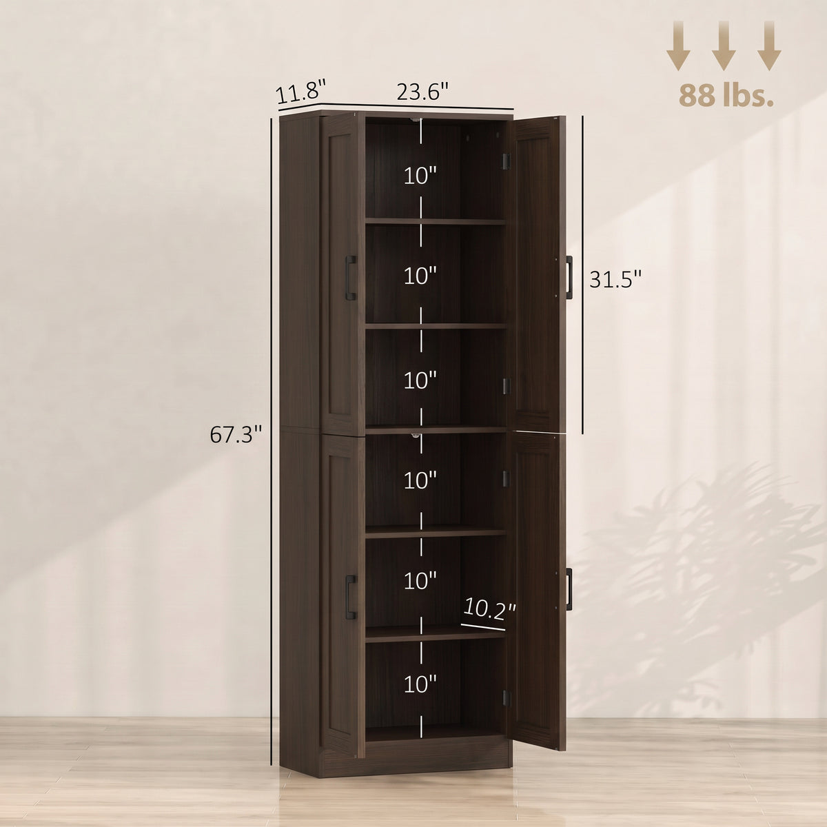 Freestanding Kitchen Pantry, 4-Door Kitchen Pantry Cabinet with Adjustable Shelves and Doors, Brown