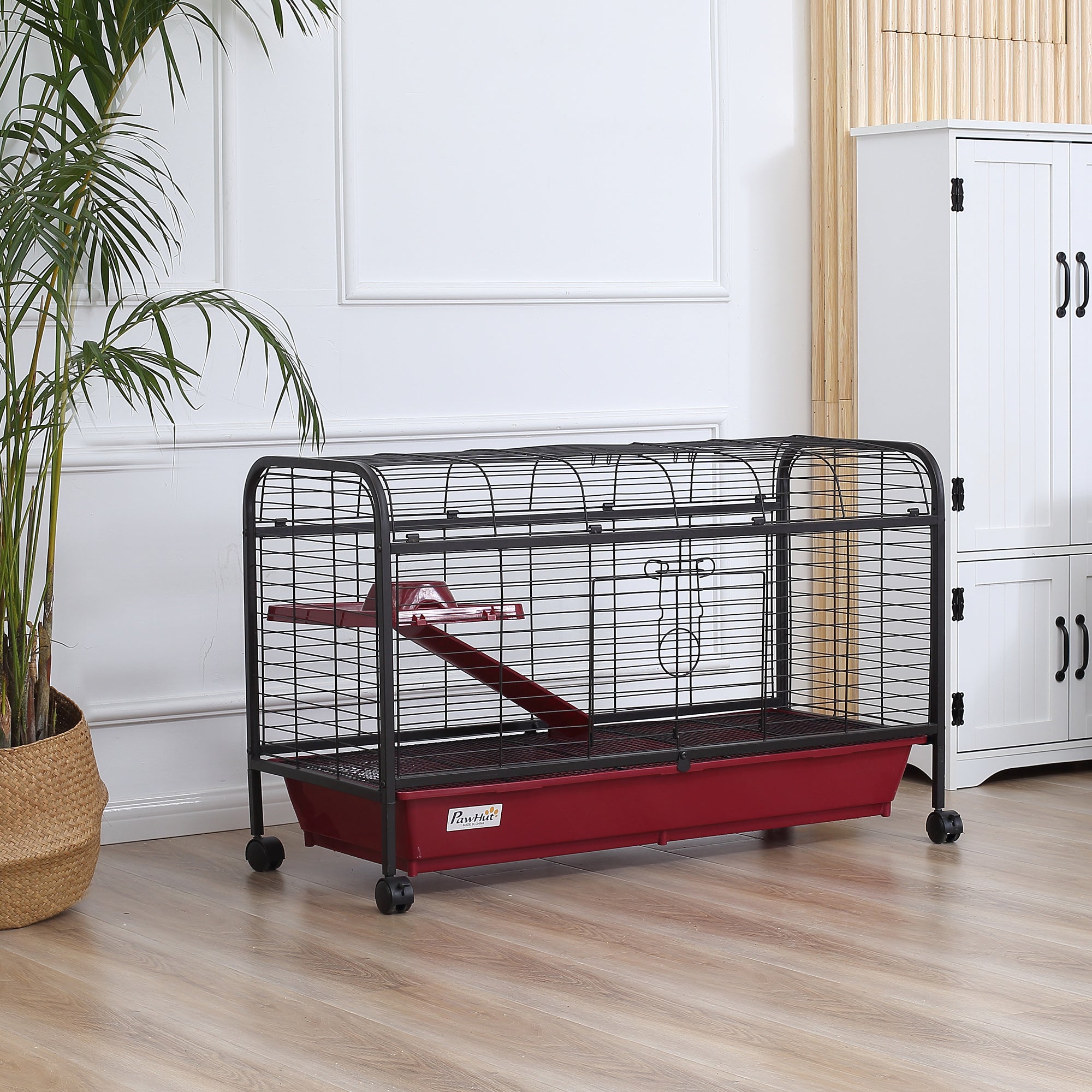 41"L Small Animal Cage, Pet Play House for Rabbit Hutch Ferret with Feeder, Rolling Wheels, Platform, Ramp - Red and Black - Image 2