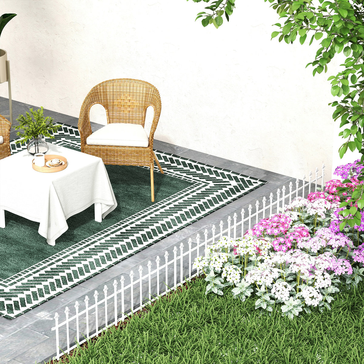 Metal Decorative Garden Fence, 9.2' x 17.25" 5 Steel Panels, Decorative Border for Landscape, Flower Bed, Animals, White