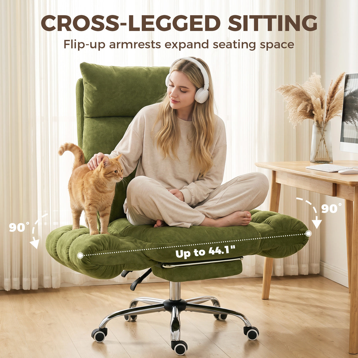 Criss Cross Office Chair with Flip-Up Armrests, Wide Seat, Reclining Cross Legged Desk Chair with Footrest, Green