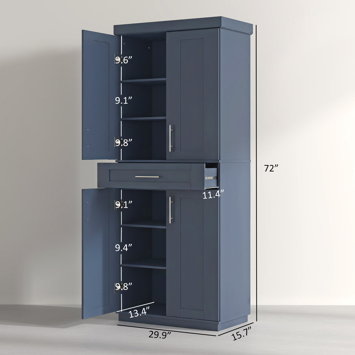 Modern Kitchen Pantry Freestanding Cabinet Cupboard with Doors and Drawer, Adjustable Shelving, Navy Blue