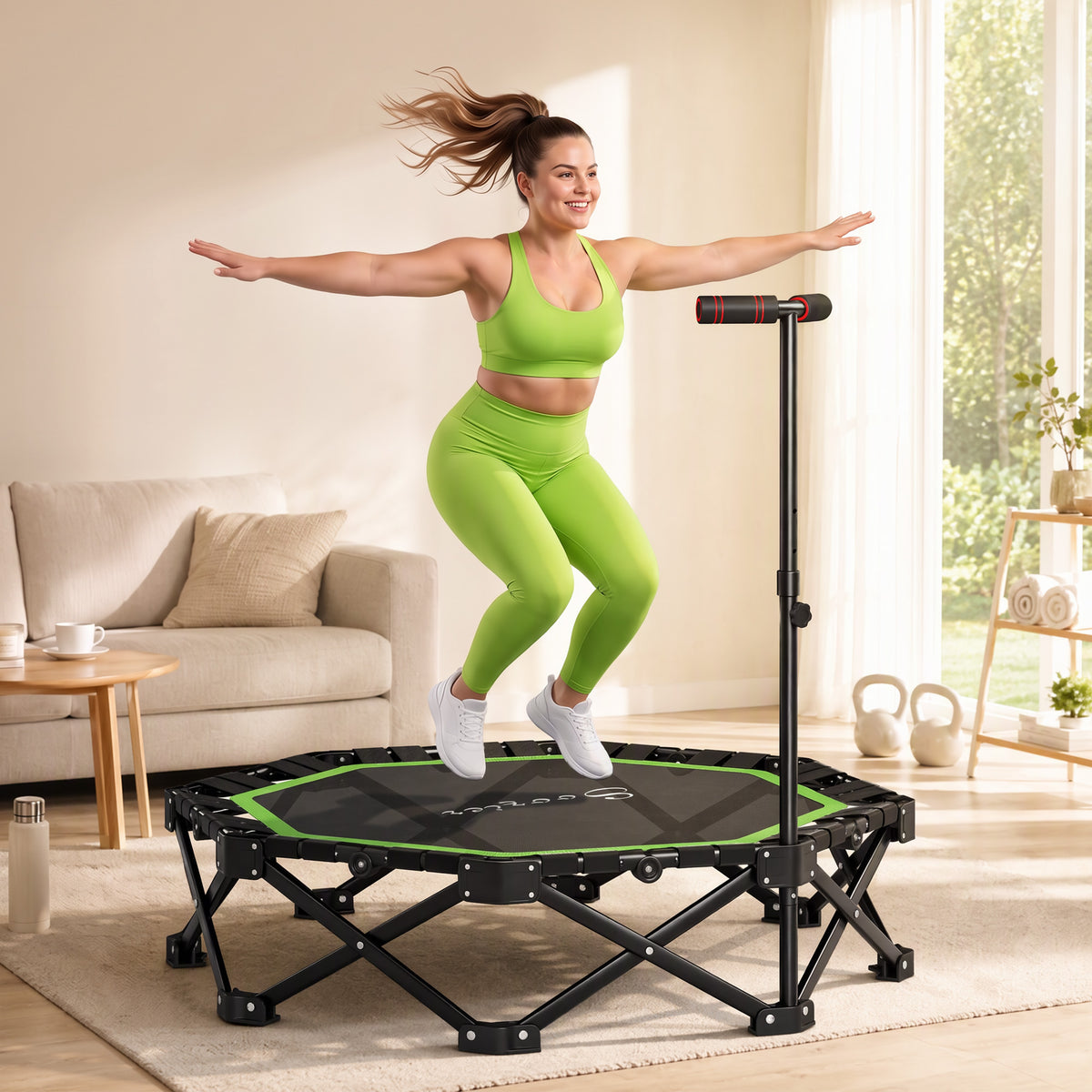 50" Foldable Mini Trampoline for Adults, One-Step Fold & Open, 550LBS Capacity, 3-Level Adjustable Handle, Green