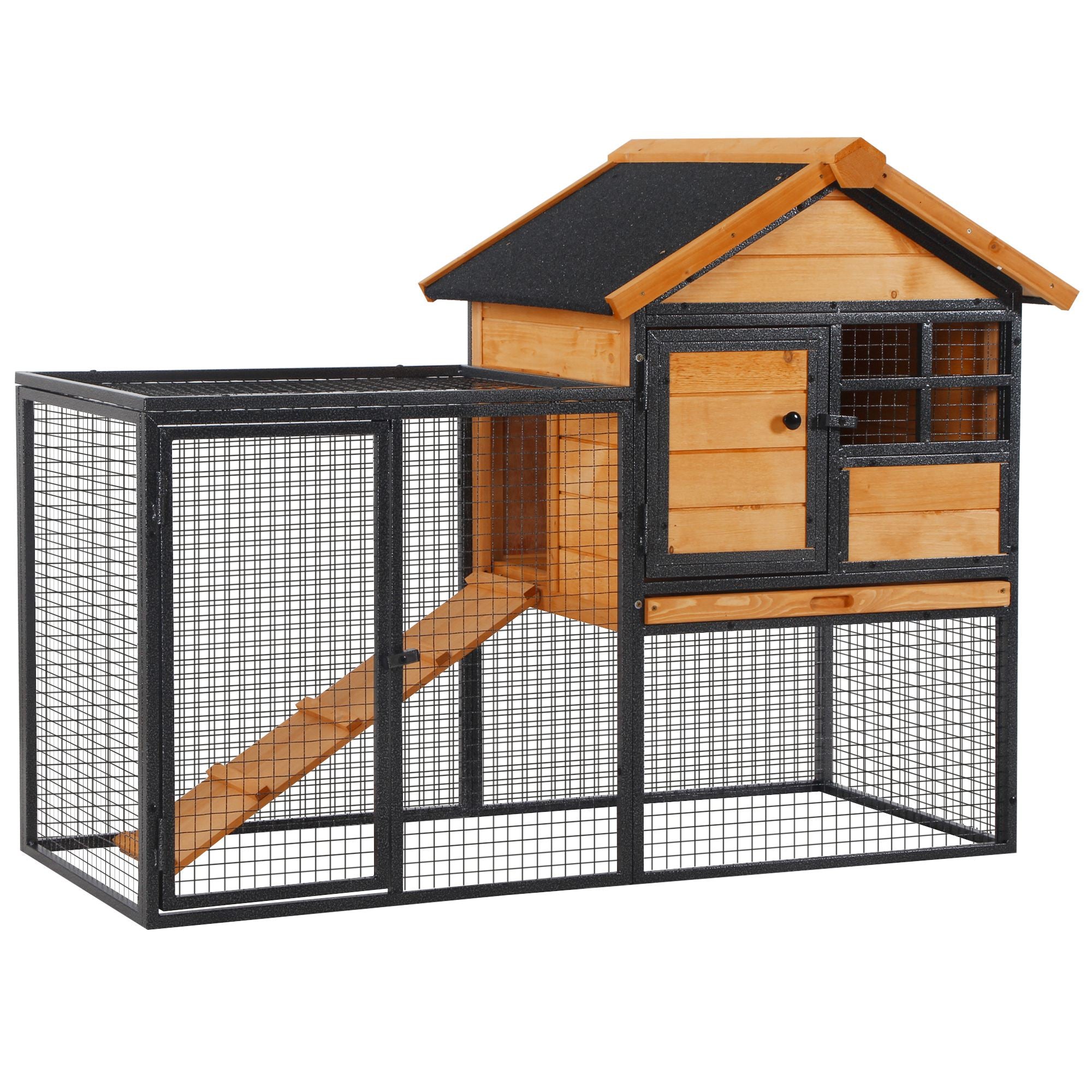 Outdoor Rabbit Cage Elevated Pet House w/ Slide-Out Tray, Natural Wood & Black - Light Yellow