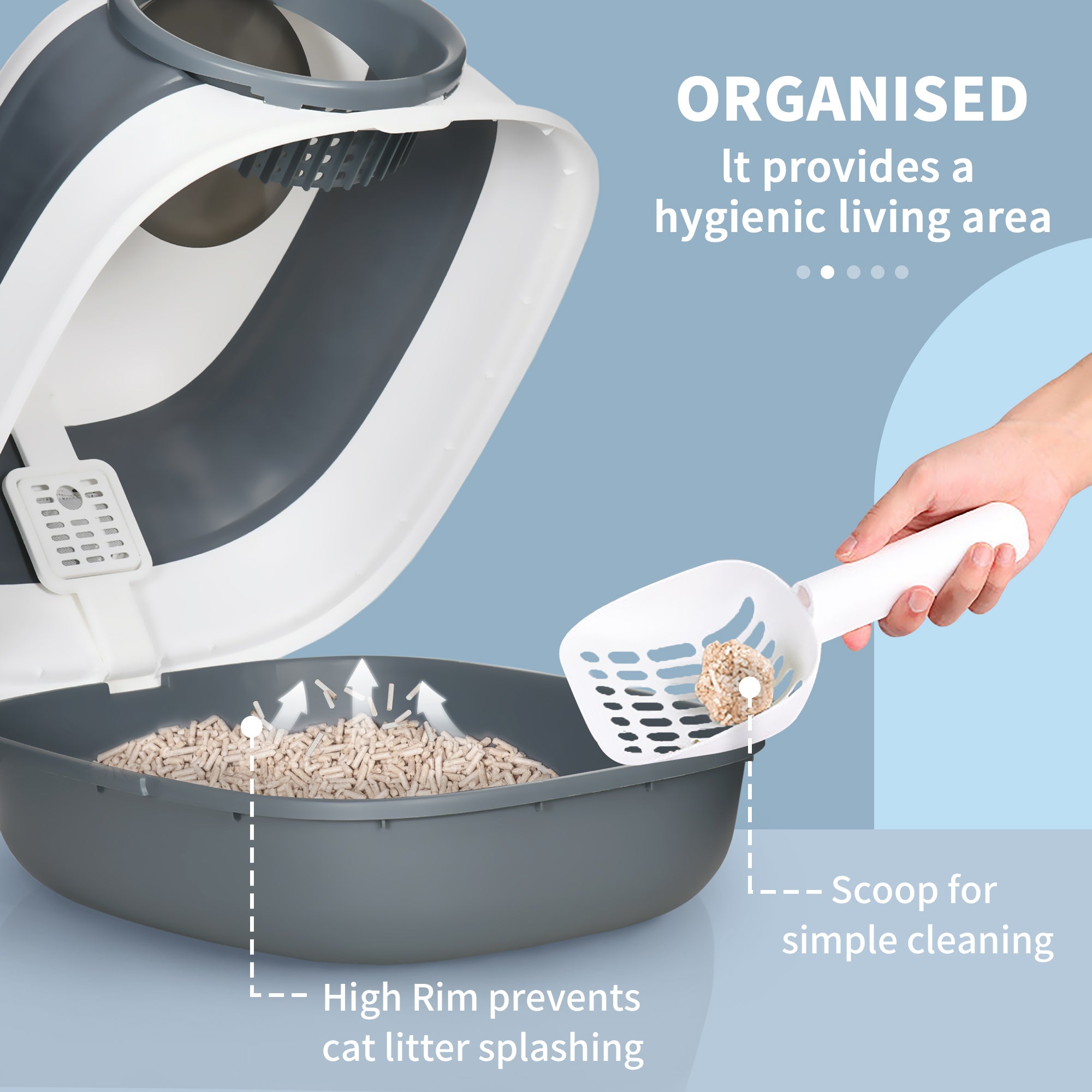 Dome Covered Cat Litter Box with Lid, White and Gray - White - Image 5