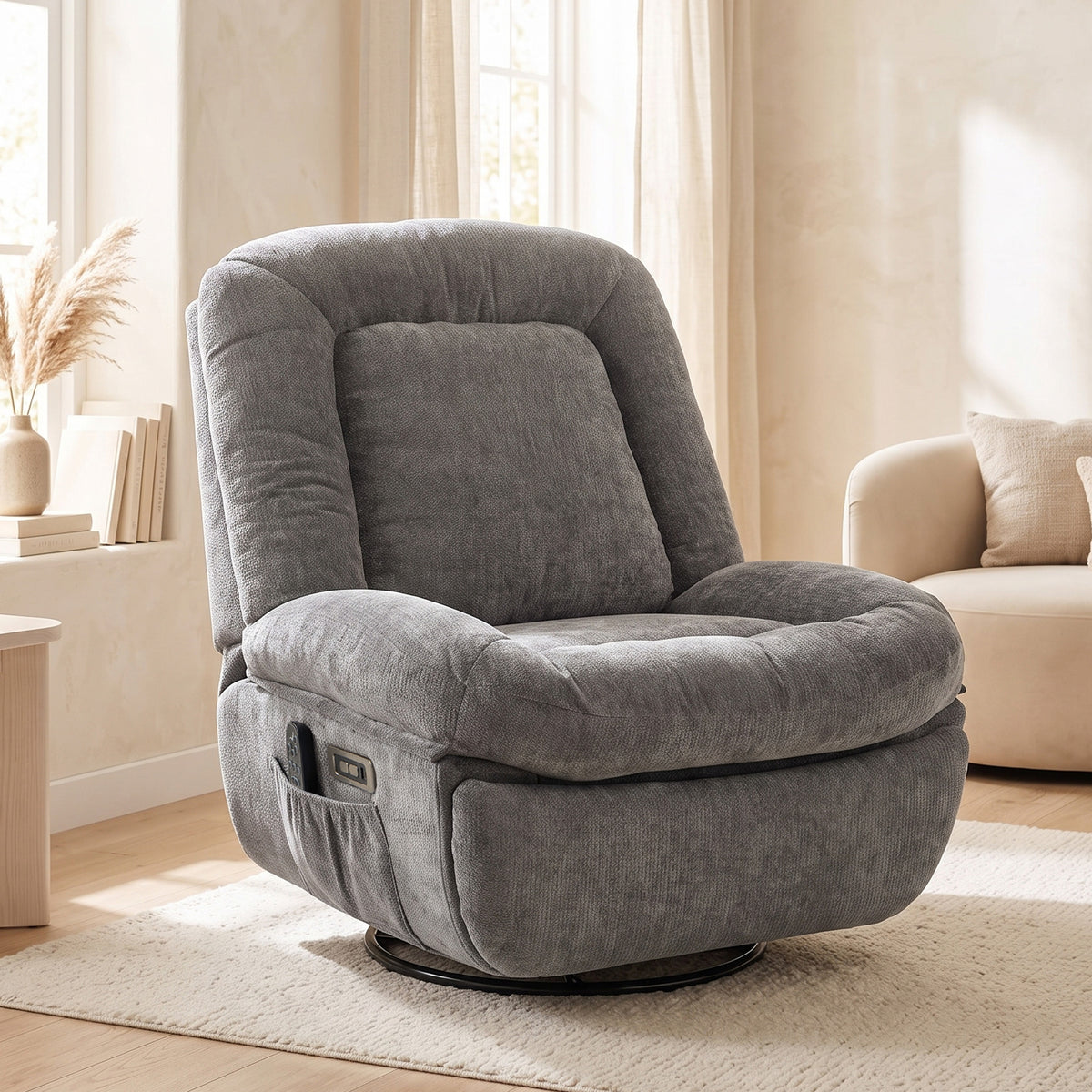 Oversized Power Recliner Chair with Massage and Heat, USB Port, Overstuffed Chenille Swivel Rocker Recliner, Gray