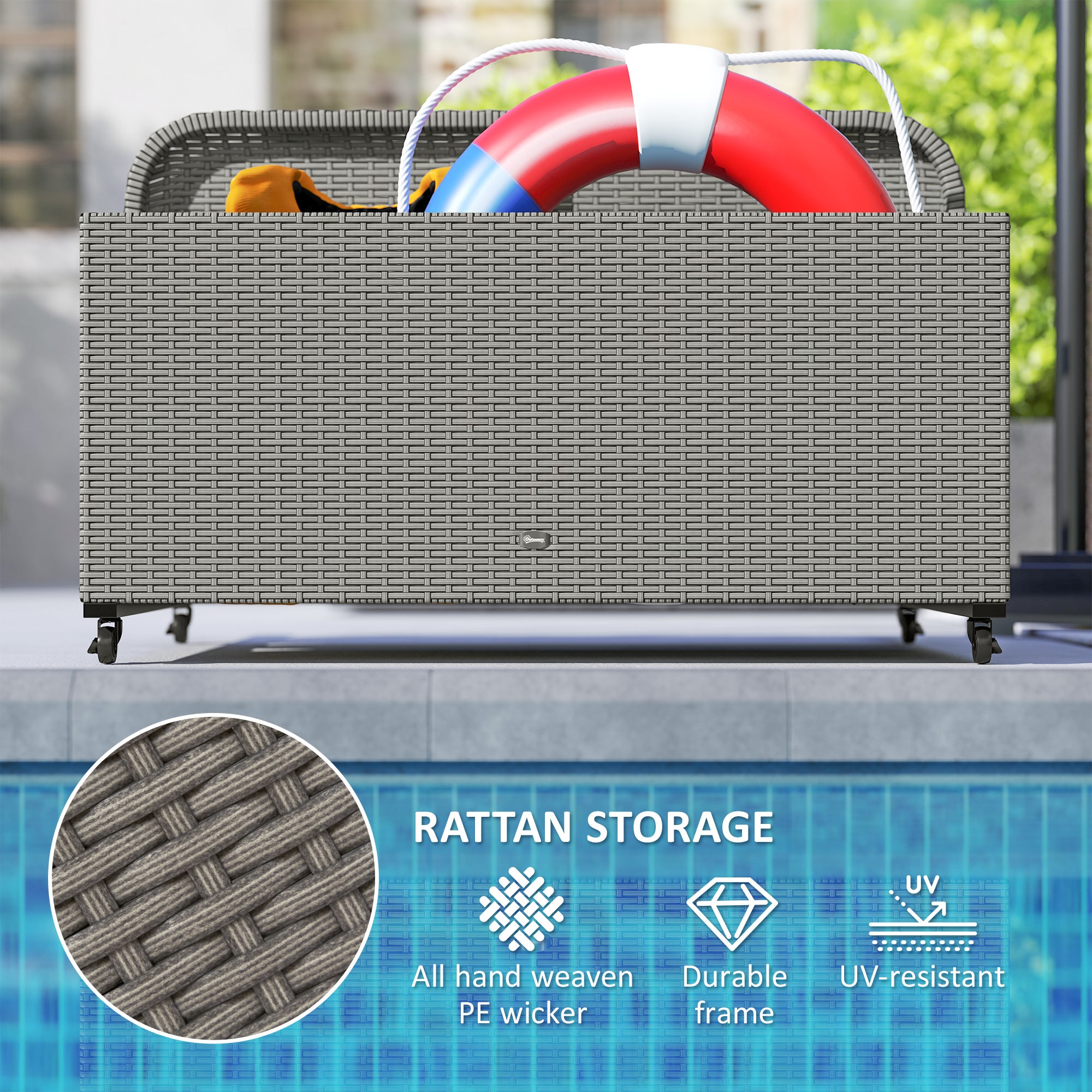 PE Rattan Pool Float Storage Organizer with Wheels, Mixed Gray - Mixed Gray - Image 6