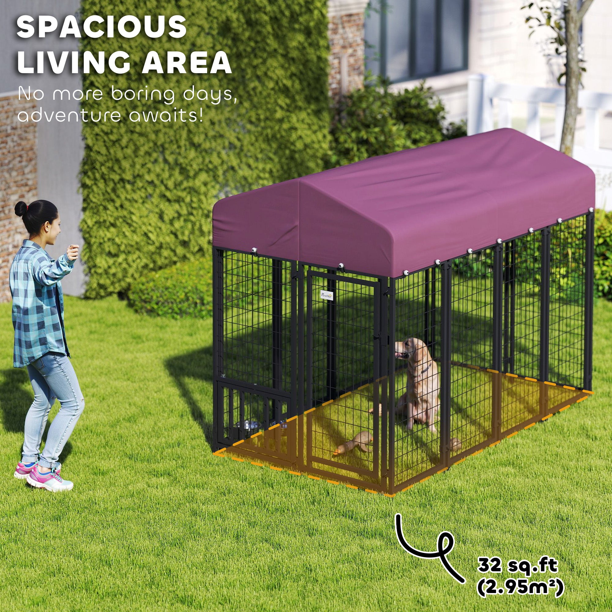 Welded Wire Outdoor Dog Kennel with 360° Rotating & 4 Levels Adjustable Bowls, Waterproof Cover, 7.9' x 4' x 6' - Red - Image 4