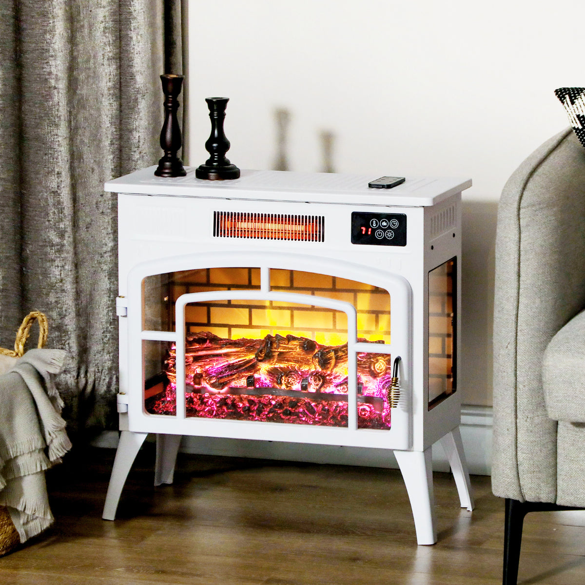 Electric Fireplace Stove, Infrared Fireplace Heater with Realistic Flame & Adjustable Temperature, 1500W, White