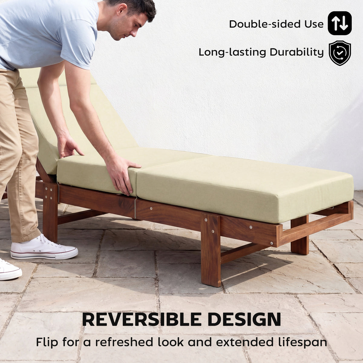 Set of 2 Chaise Lounge Cushion, 4" Thick Outdoor Lounge Chair Cushions with Ties for Patio, 21" x 72", Cream White