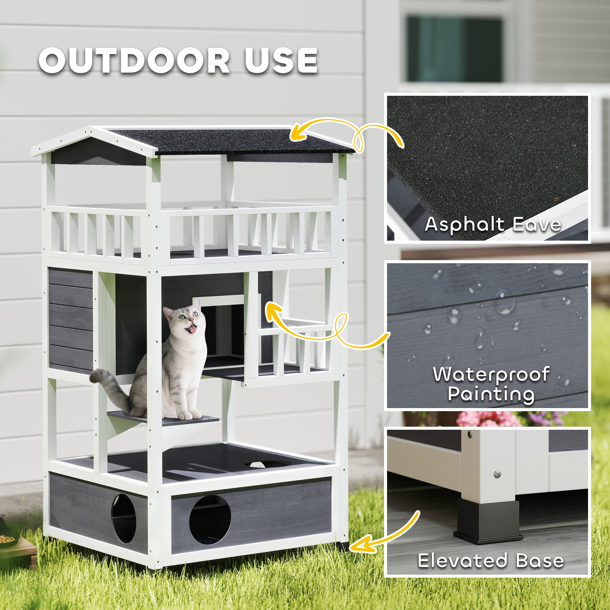 Wooden Outdoor Cat House, Feral Cat Shelter Kitten Condo with Asphalt Roof, Escape Doors, Condo, Jumping Platform, Gray - Grey - Image 6