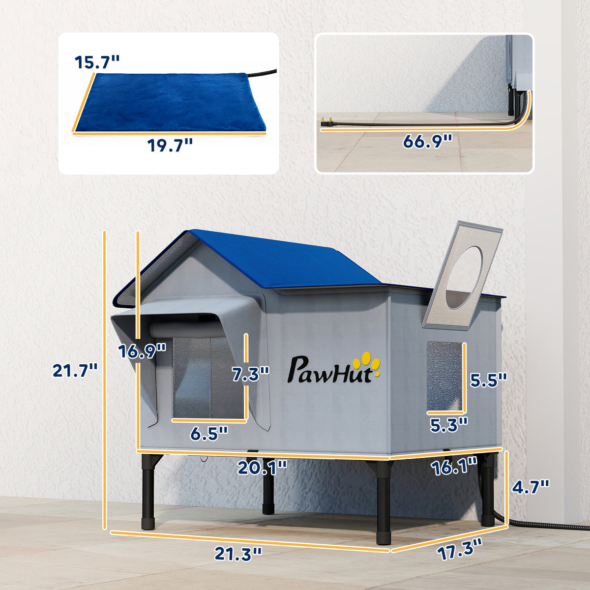 Heated Cat House Weatherproof with Heating Pad, Elevated Base, Safe Escape Door, for Stray, Barn Cats