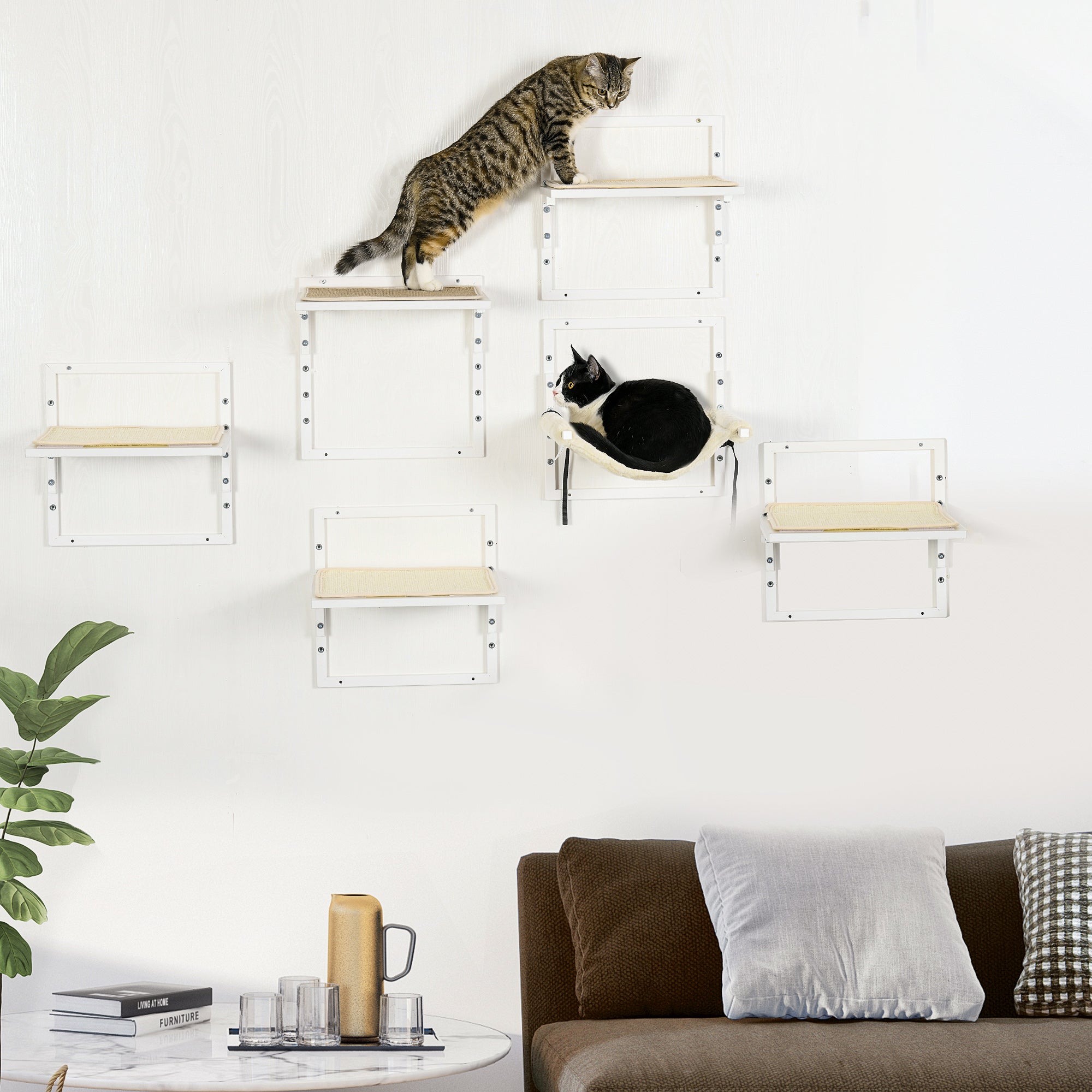 Cat Shelves for Indoor Cats, 6Pc Modern Cat Wall Furniture with Adjustable Height Jumping Platforms & Hammock, Cream White - Cream White - Image 2