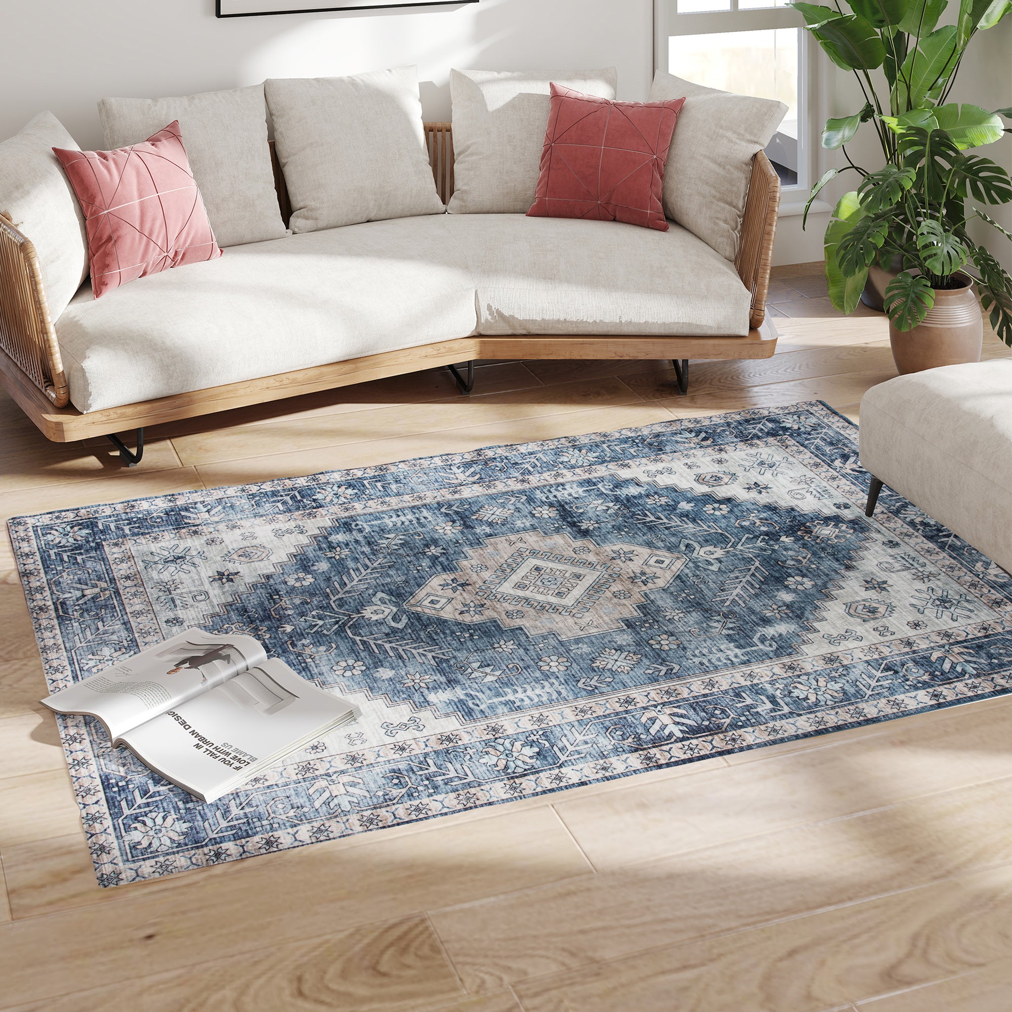 4x6 Area Rug, Vintage Washable Rug, Non-Slip Floor Carpet for Living Room, Bedroom, Dining Room, Blue